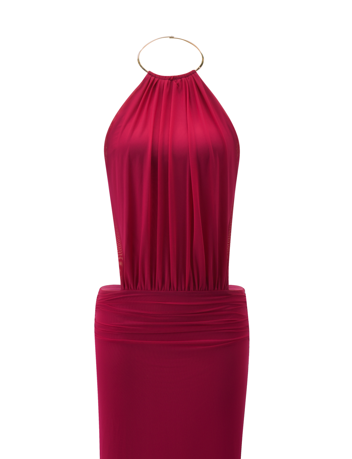 The EVANNA MAXI DRESS - BERRY by TIGERMIST is a sleeveless, halter-neck dress with a gold hoop and trim neckline, draped bodice, fitted waist, open back, and smooth fabric for a sophisticated minimalist look.