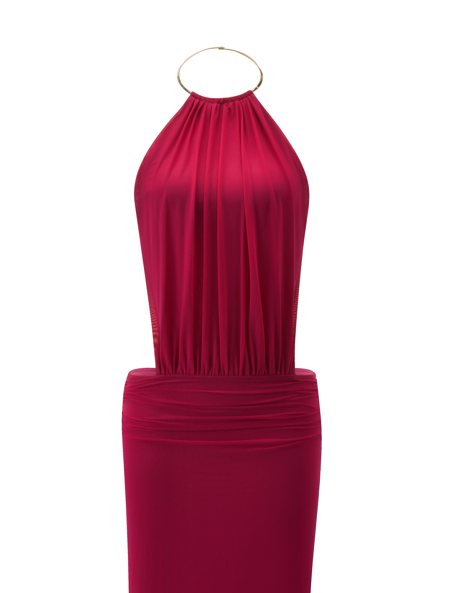 The EVANNA MAXI DRESS - BERRY by TIGERMIST is a sleeveless, halter-neck dress with a gold hoop and trim neckline, draped bodice, fitted waist, open back, and smooth fabric for a sophisticated minimalist look.
