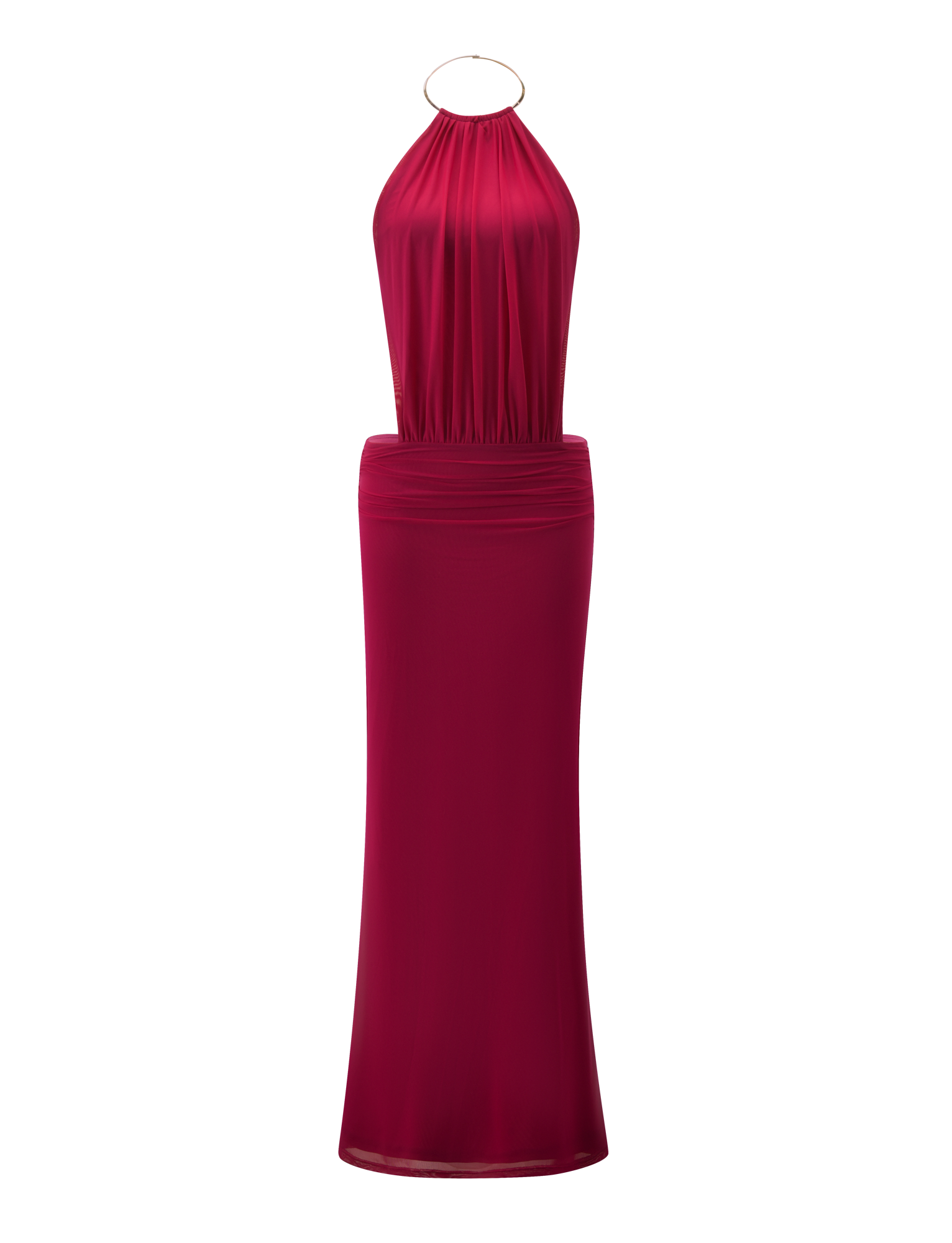 The EVANNA MAXI DRESS - BERRY by TIGERMIST is a sleeveless, floor-length magenta halter dress with a gathered neckline, gold ring detail at the neck, fitted waist, and elegant open back, shown against a white background.