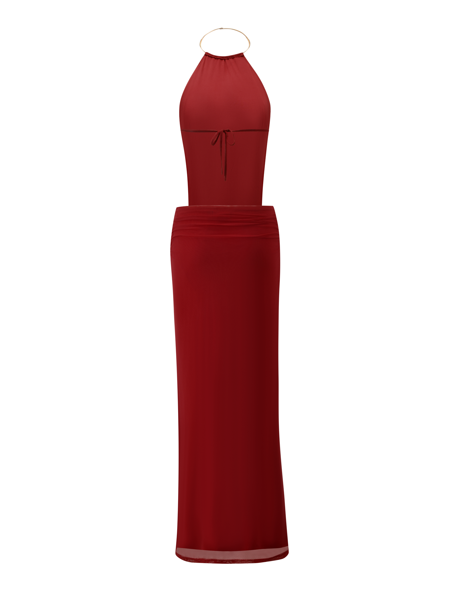 The TIGERMIST EVANNA MAXI DRESS - RED is a sleeveless, floor-length high neck maxi dress with a gold neck ring, keyhole neckline with tie, fitted silhouette, elegant open back, and smooth luxurious fabric.