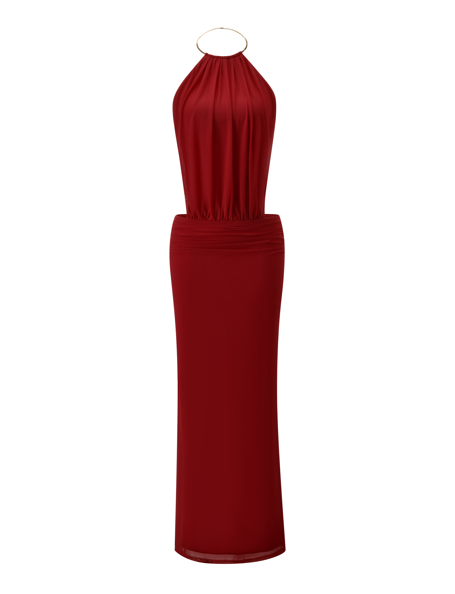 The TIGERMIST EVANNA MAXI DRESS - RED is a sleeveless, floor-length maxi dress with a high gathered neckline and fitted waist, shown against a plain white background.