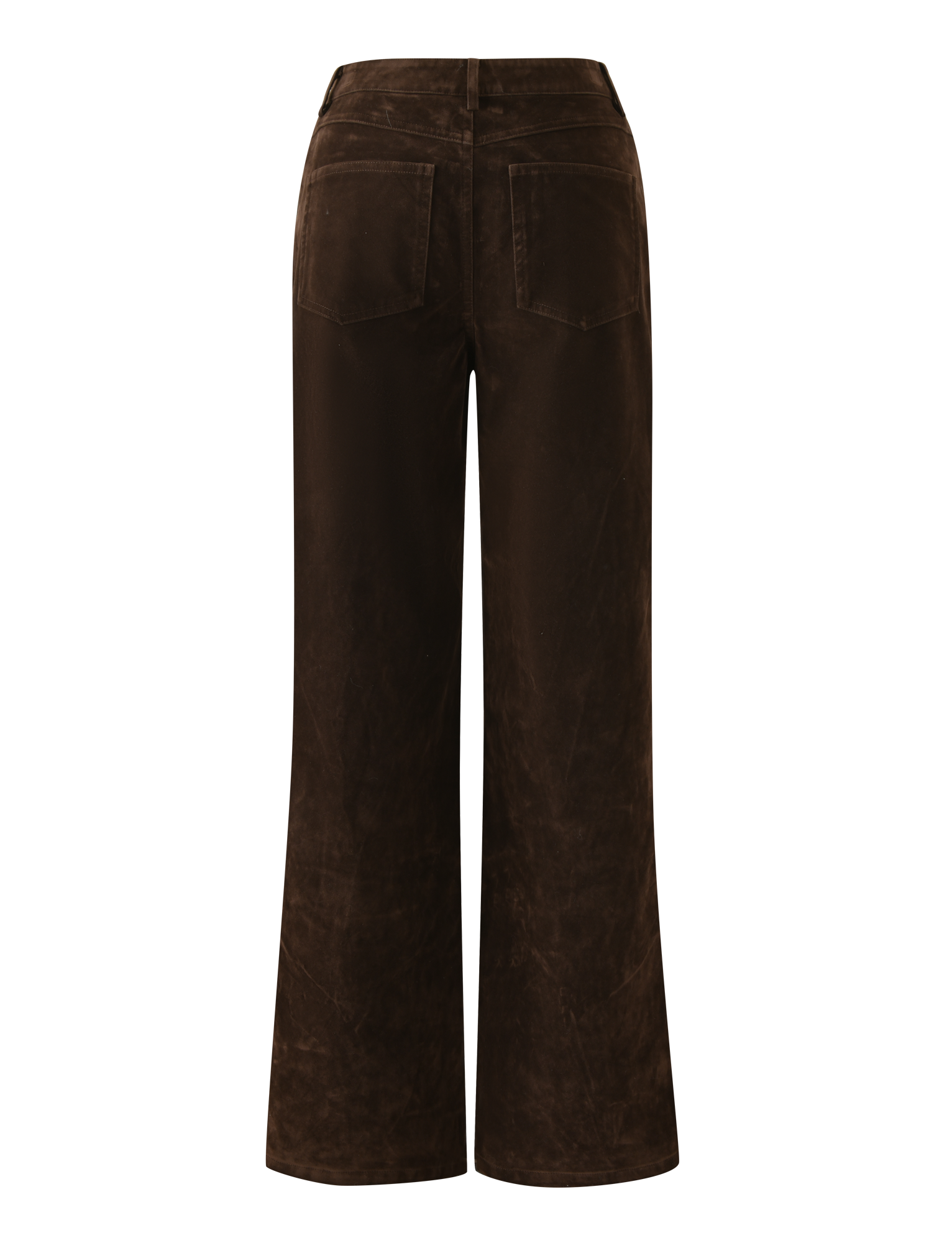 Back view of TIGERMIST CAMELLIA PANT in chocolate suede, featuring a wide-leg silhouette, high waist, two large back pockets, and slightly textured fabric.