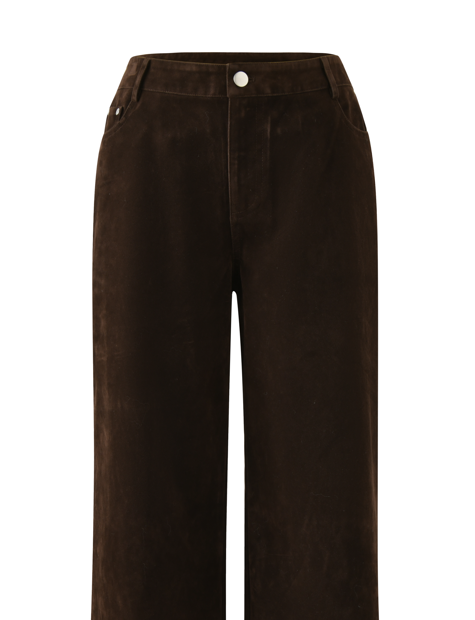 The CAMELLIA PANT - CHOCOLATE SUEDE by TIGERMIST features a high-waisted, wide-leg design with button and zip closure, front pockets, and belt loops, shown against a plain background.