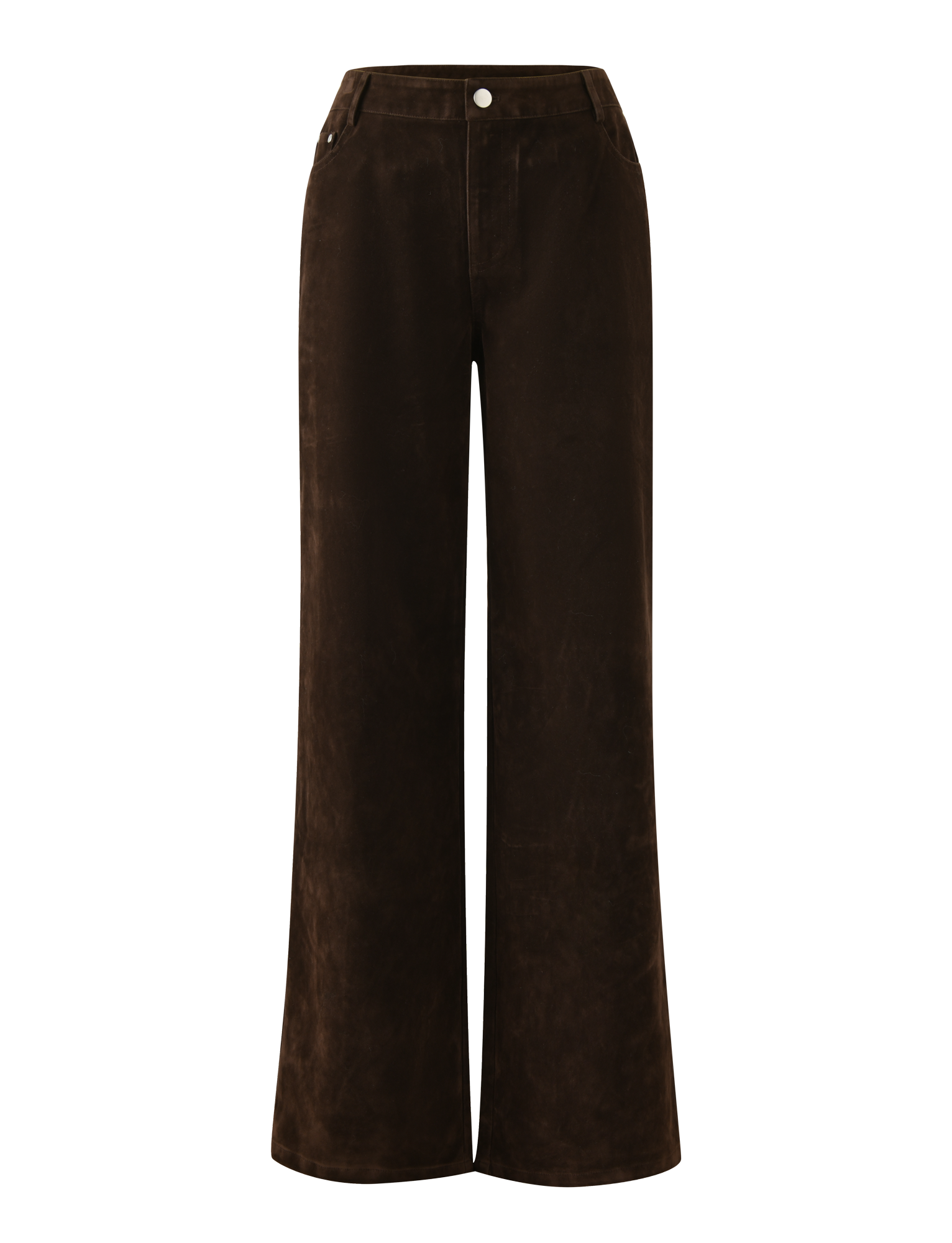 The TIGERMIST CAMELLIA PANT in chocolate suede features a wide-leg, high-waisted vintage wash, front button and zip closure, two side pockets, and a sleek, minimalist design.