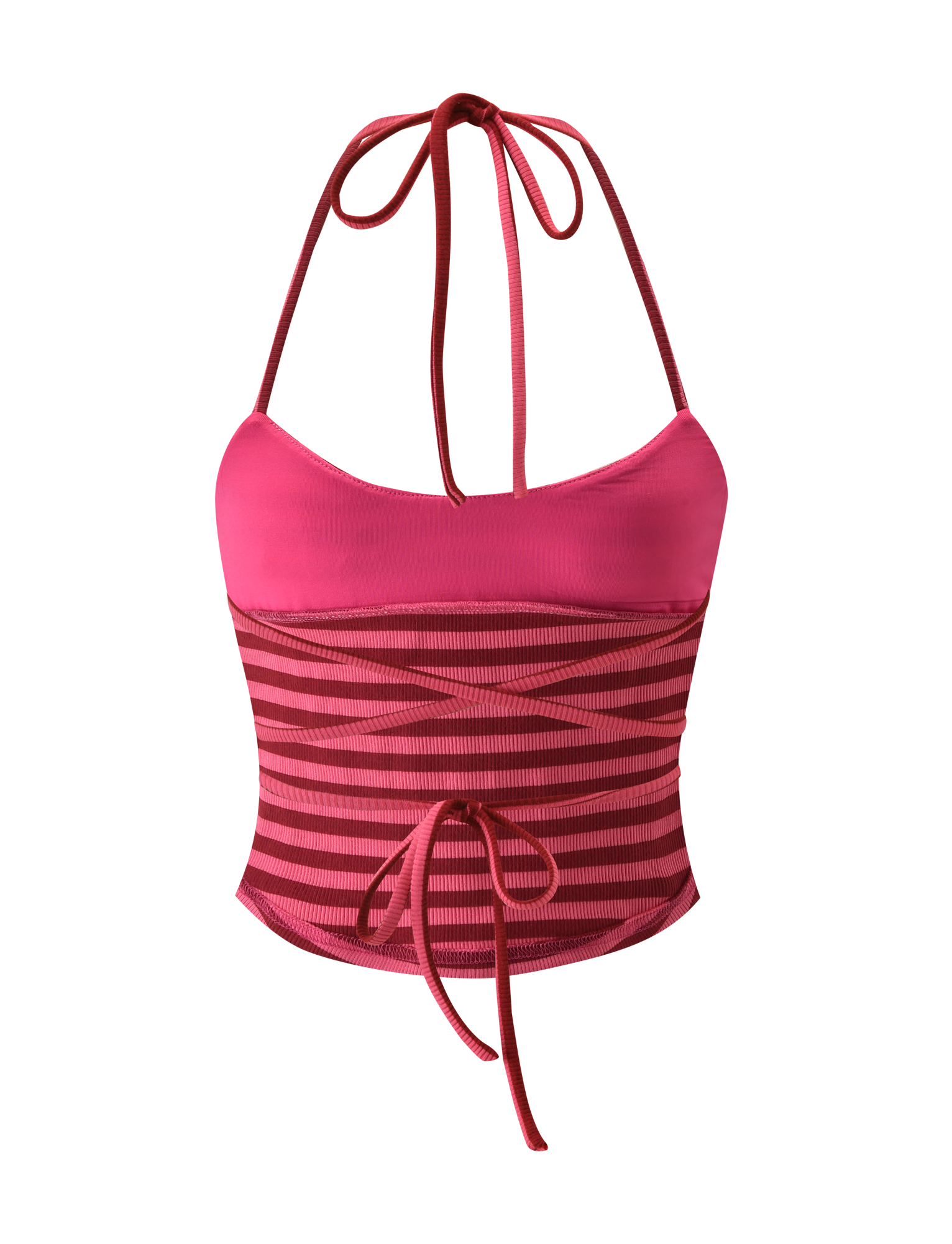 The CERYS RIB TOP by TIGERMIST features pink and red stripes, thin neck straps, a scoop neckline, and a waist tie detail, shown against a plain white background.