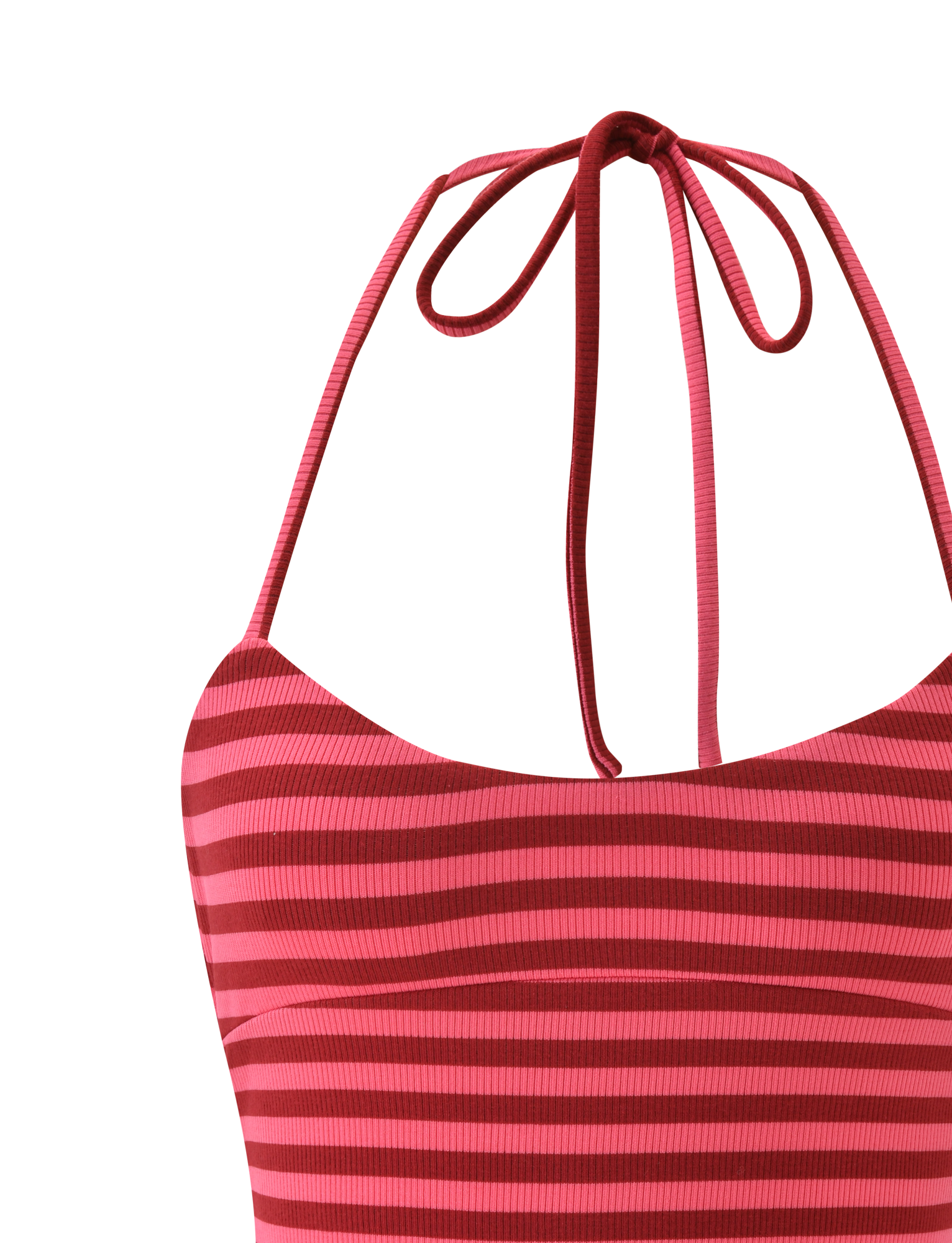 Close-up of the TIGERMIST CERYS RIB TOP - PINK RED STRIPE, a sleeveless ribbed knit halter with horizontal red and pink stripes, tie-neck detail, and subtle scoop neckline, shown against a plain white background.