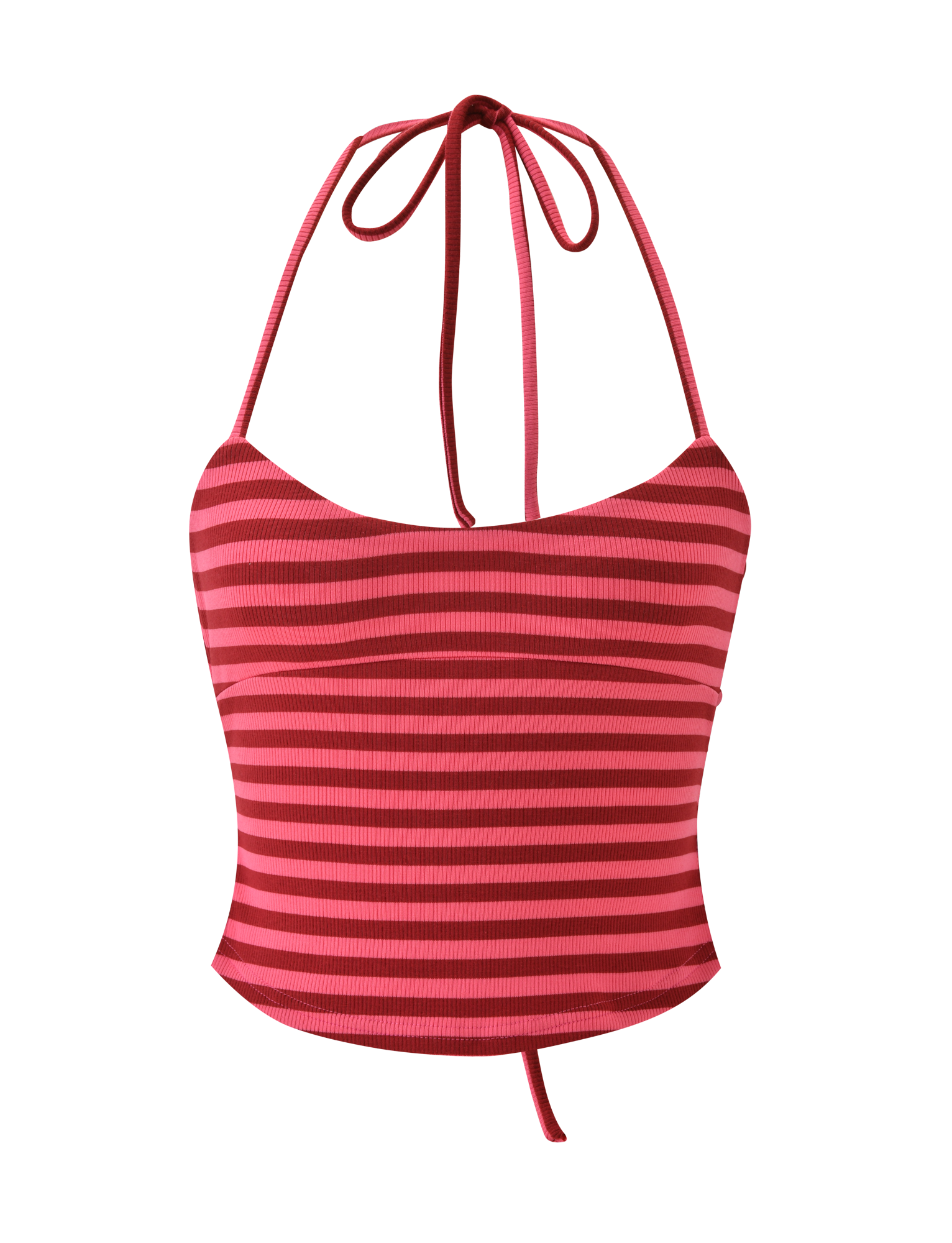 The CERYS RIB TOP by TIGERMIST features pink and red stripes, thin halter straps that tie at the neck and back, and a flattering scoop neckline, shown against a plain white background.
