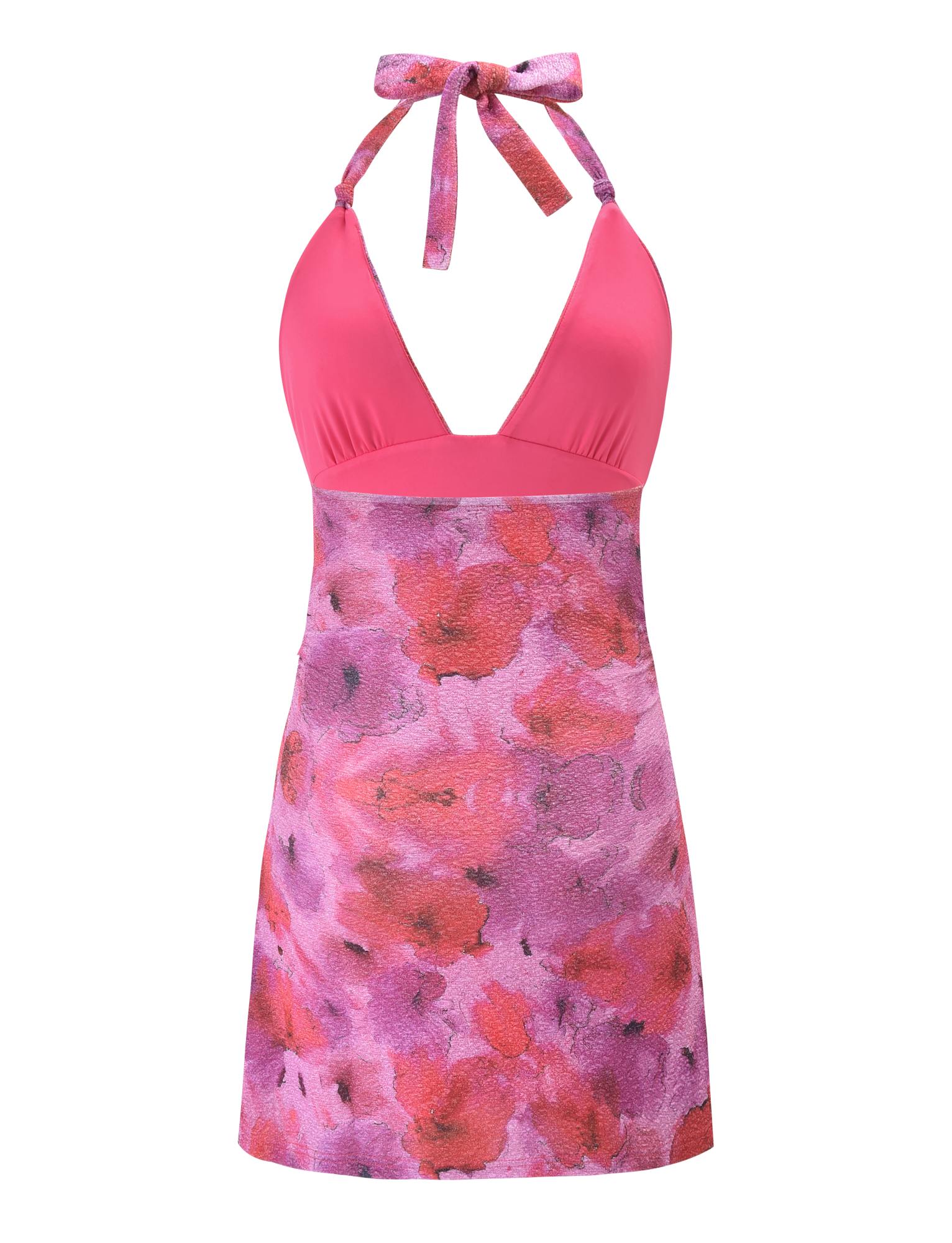 The TIGERMIST TALYN MINI DRESS - PINK SPARKLE FLORAL features a sleeveless halter A-line design with a pink fitted top and a flowy pink and purple floral skirt, tying at the neck for a vibrant, summery look.