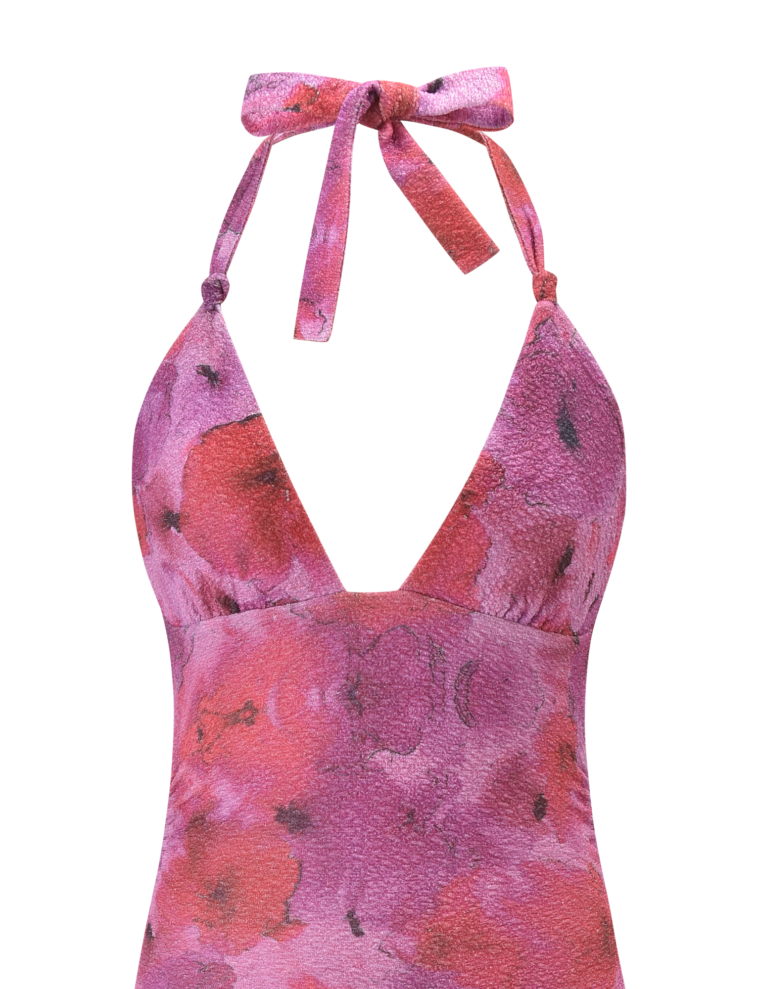 A close-up of the TIGERMIST TALYN MINI DRESS in pink sparkle floral, featuring a textured ruched fabric, sparkly finish, halter-neck design, and a bow tie at the neck.