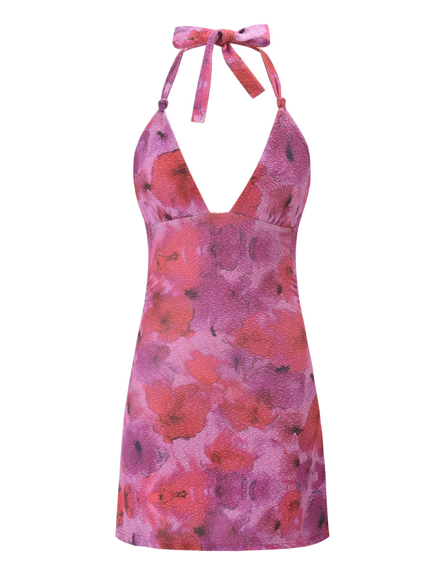 The TIGERMIST TALYN MINI DRESS - PINK SPARKLE FLORAL is a sleeveless, halter A-line mini dress with a deep V-neckline, neck tie, and a pink and purple floral print.