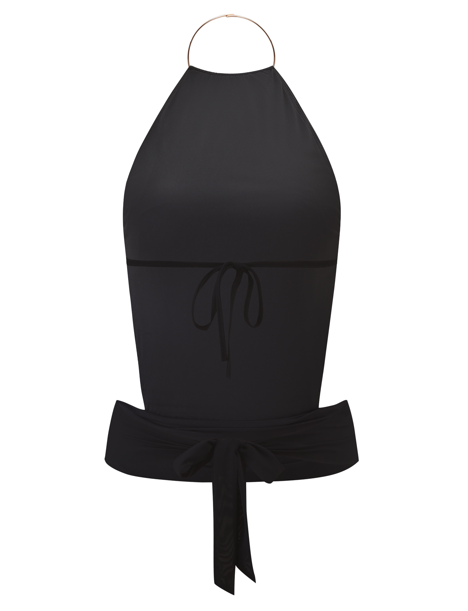 The EVANNA TOP - BLACK by TIGERMIST features a halter-neck, high neckline with ring detail, open back, front bust tie, and wide waist bow.