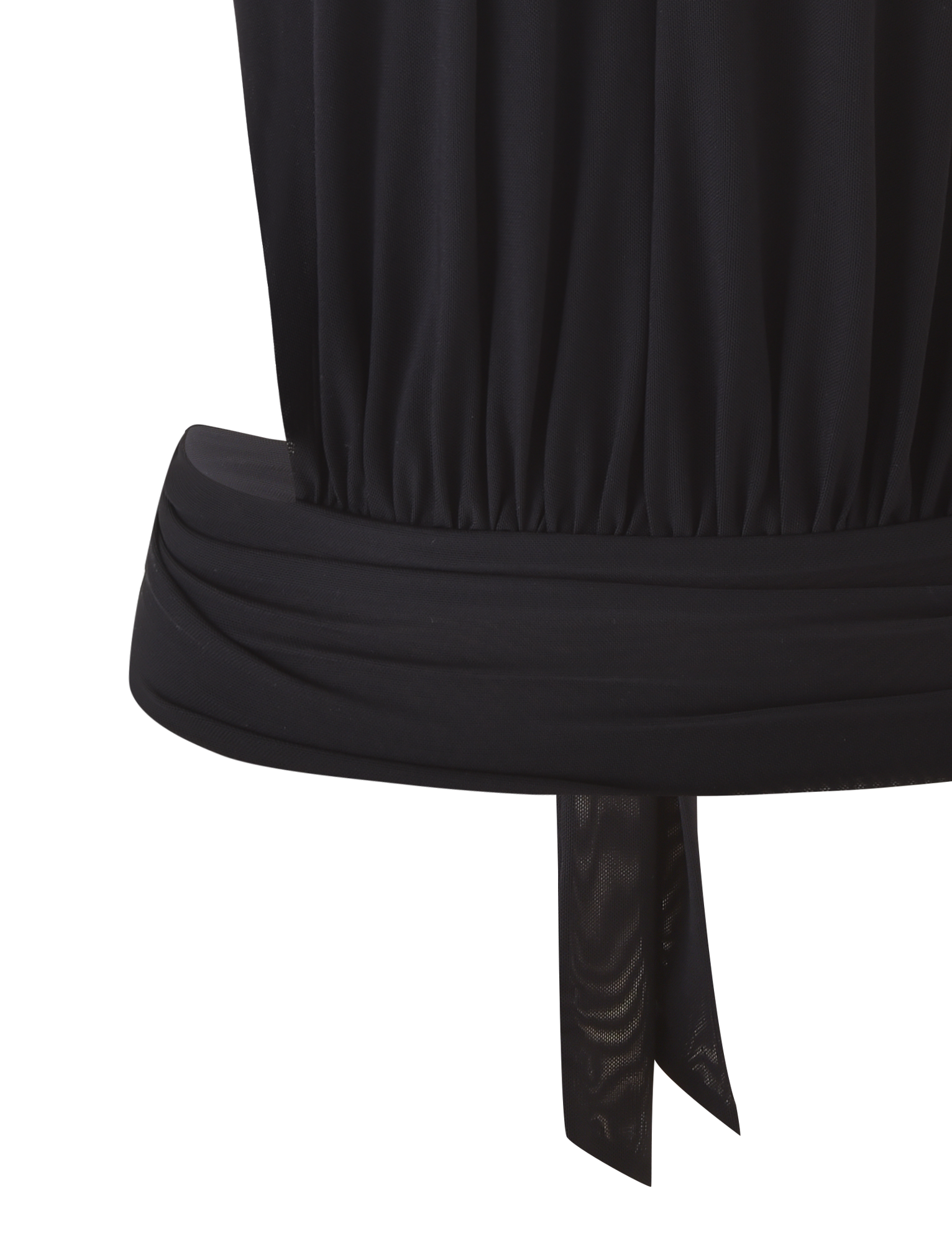 Close-up of the lower part of the EVANNA TOP - BLACK by TIGERMIST, featuring a wide waistband and a tied detail hanging down.