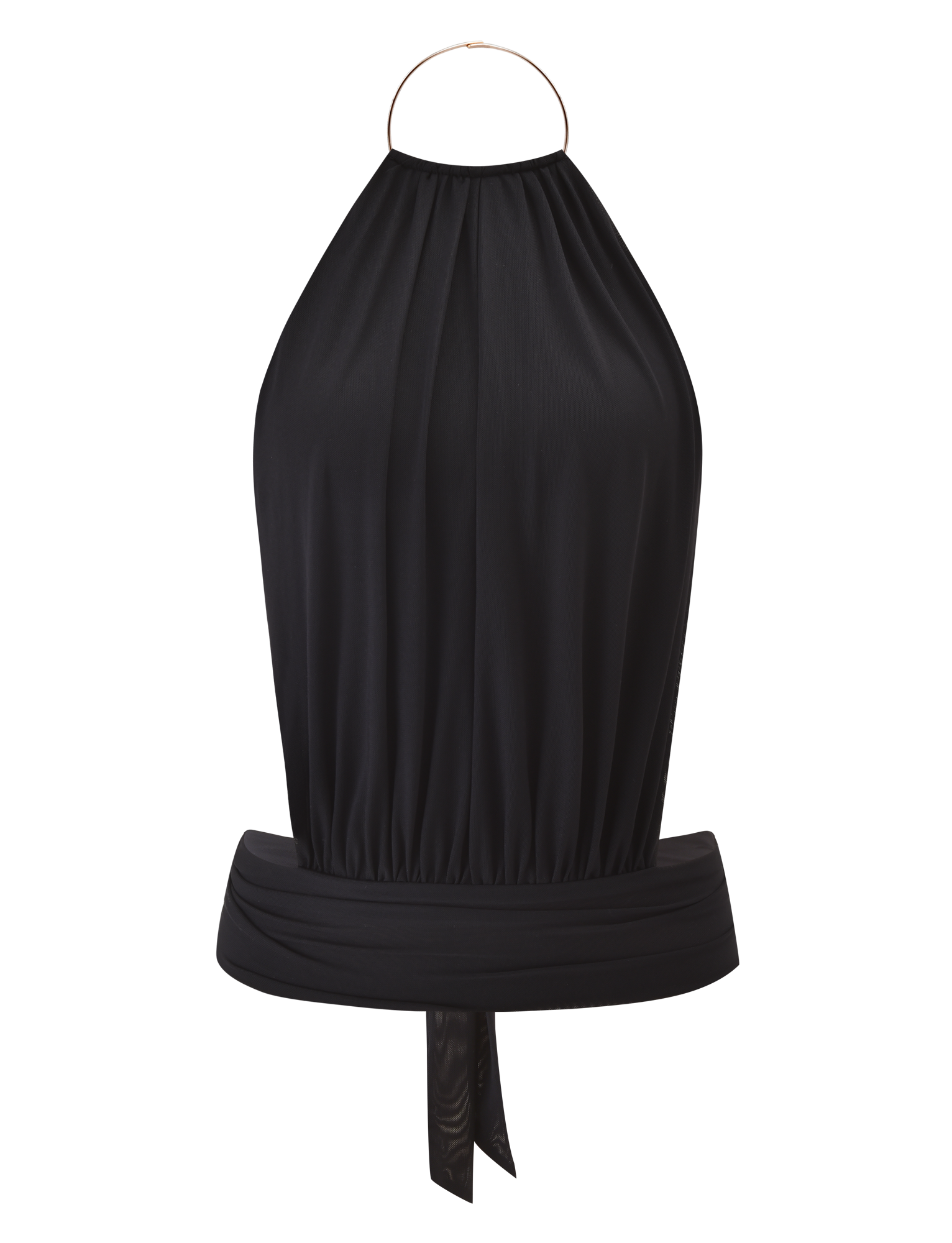 The TIGERMIST EVANNA TOP - BLACK features a billowy, gathered halter bodice, metallic gold neck ring detail, and open back, shown against a plain background.
