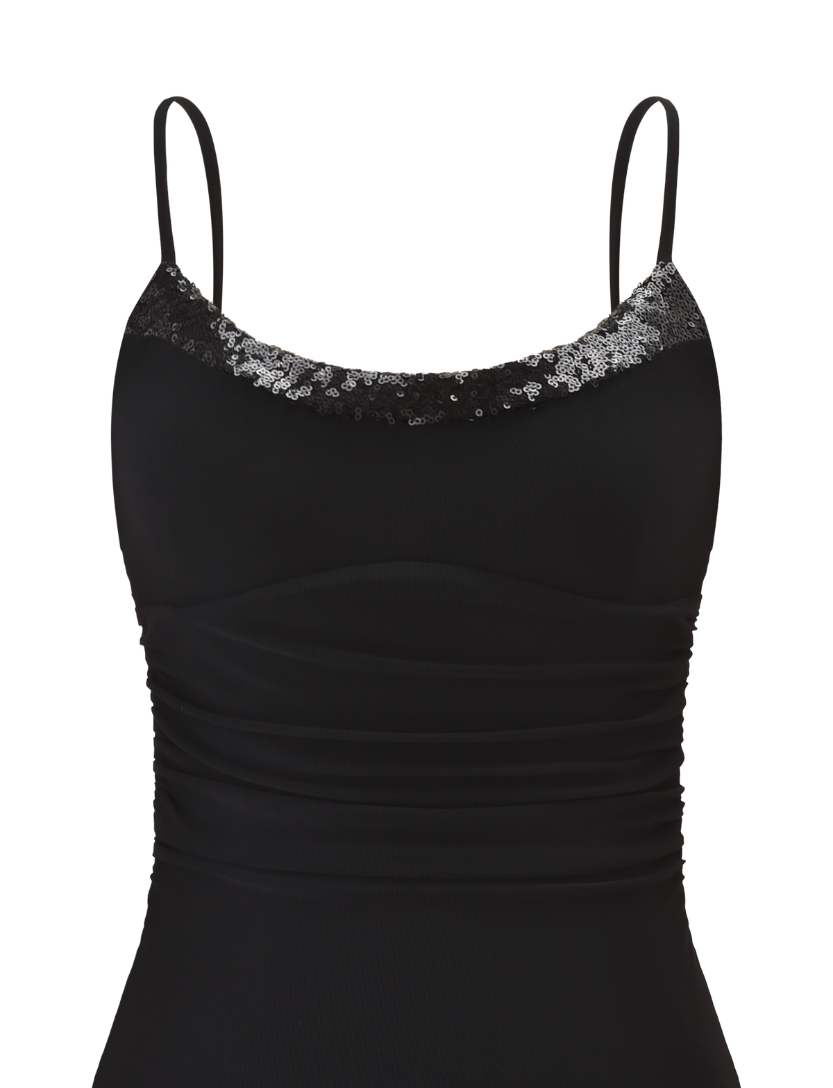 The ELYSIUM MINI DRESS by TIGERMIST is a sleeveless black mesh mini dress featuring thin straps, a ruched waist, and a sequin-adorned neckline with shiny black and silver detailing.
