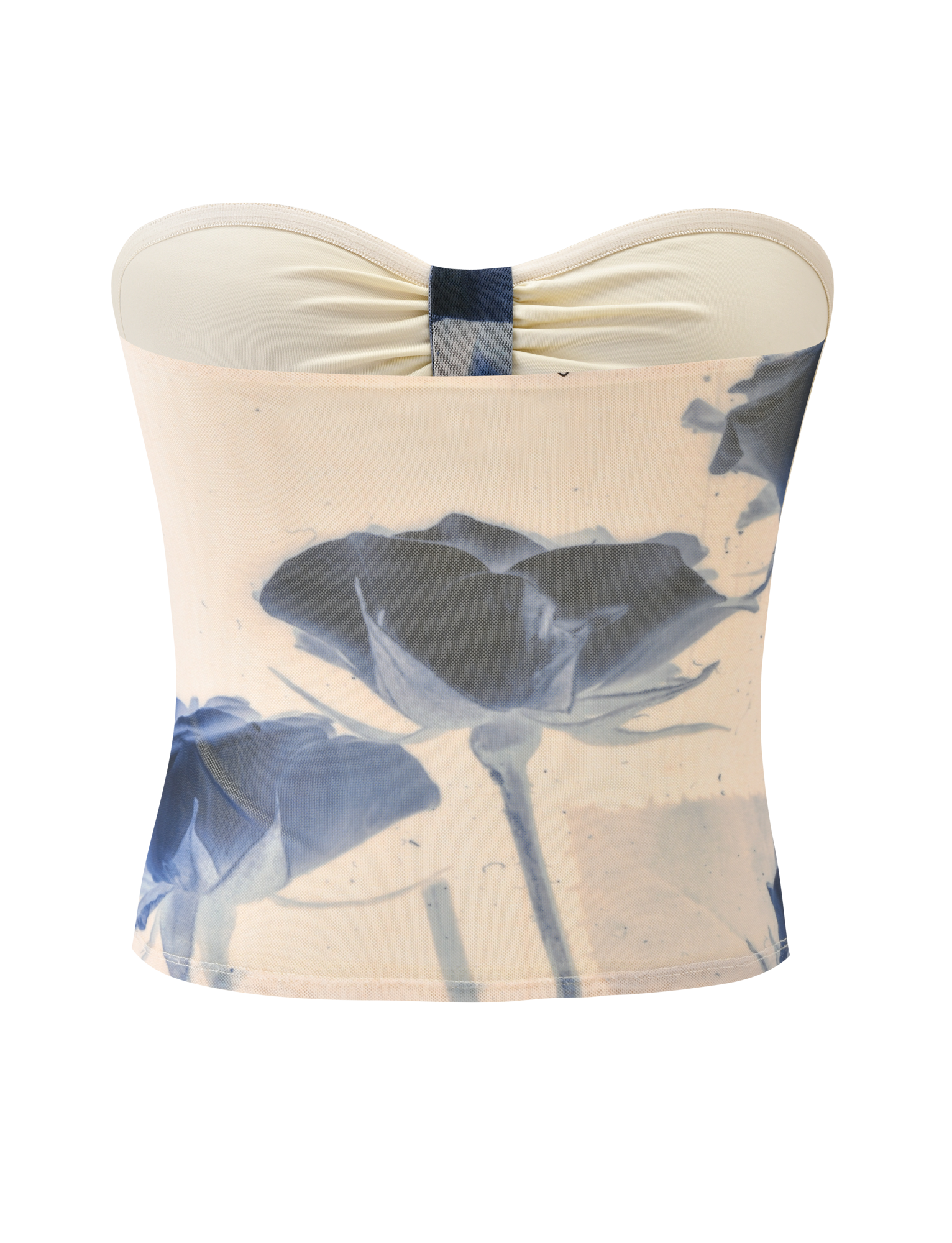 The JANIS TOP - INDIGO FLORAL by TIGERMIST is a strapless sweetheart tube top in a light hue, featuring a blue rose print and center-bust gathering for added charm.