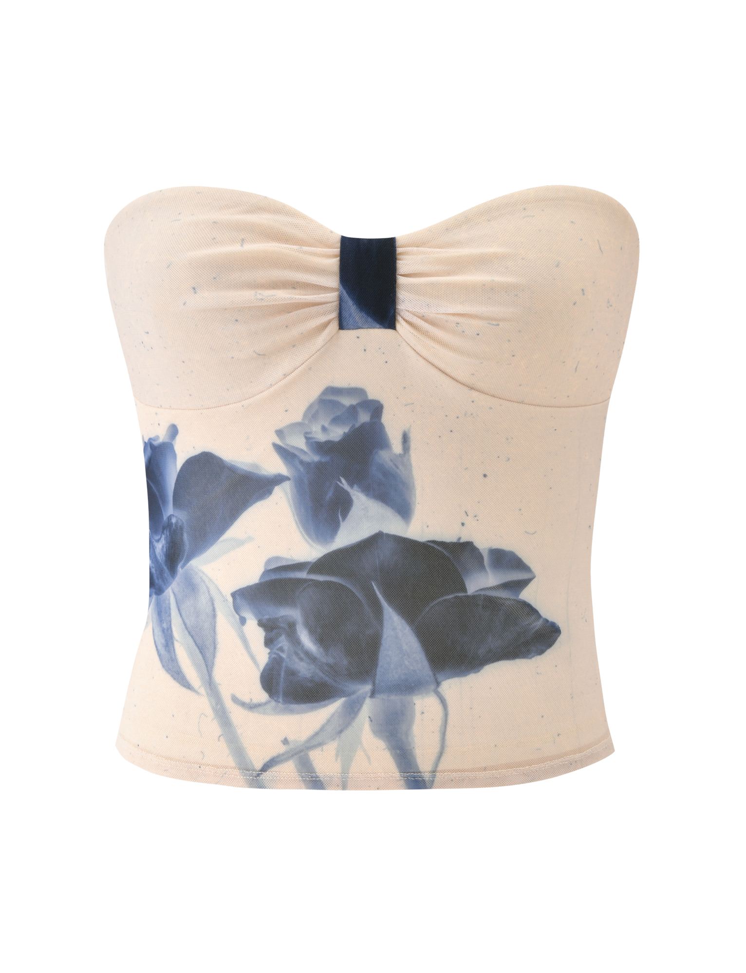 The JANIS TOP - INDIGO FLORAL by TIGERMIST is a cream strapless sweetheart tube top with center-gathered detail and an eye-catching blue rose floral mesh print at the front.