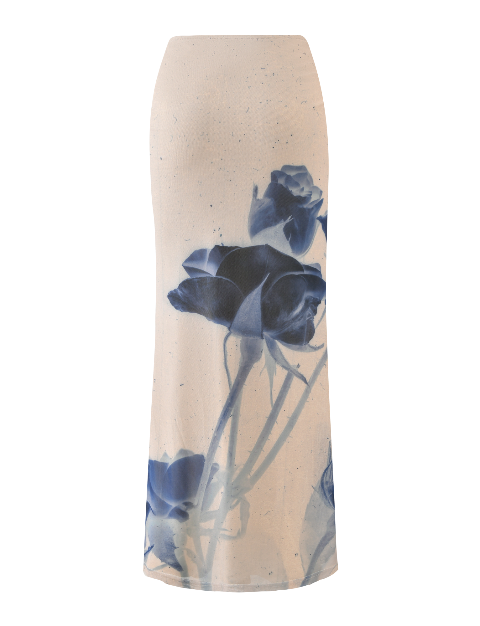 The TIGERMIST JANIS MAXI SKIRT - INDIGO FLORAL is a cream maxi skirt with a bold indigo rose print on the front, featuring an upward floral design from the hem.
