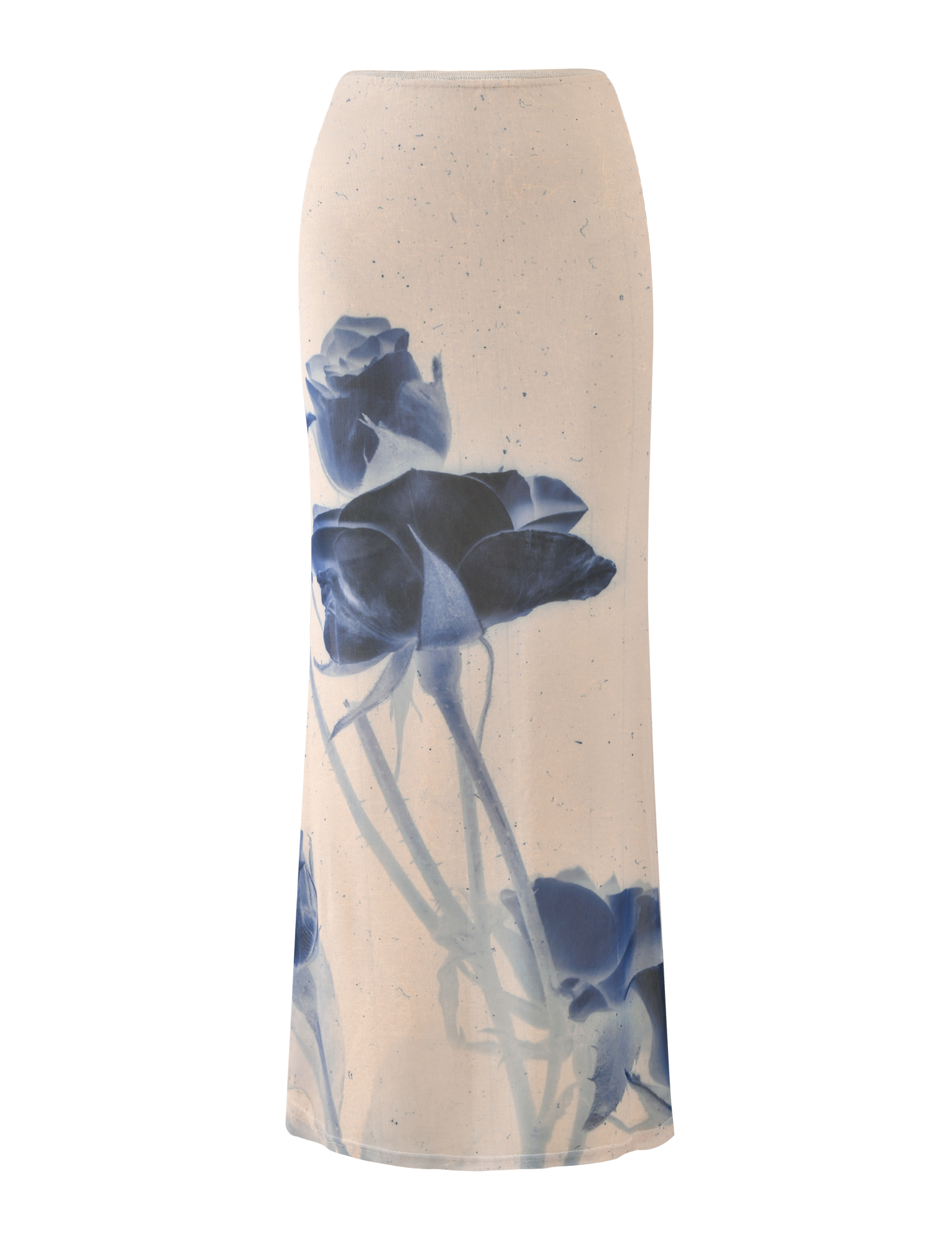 The TIGERMIST JANIS MAXI SKIRT - INDIGO FLORAL is a cream, high-waisted skirt featuring a bold blue rose print on the front.