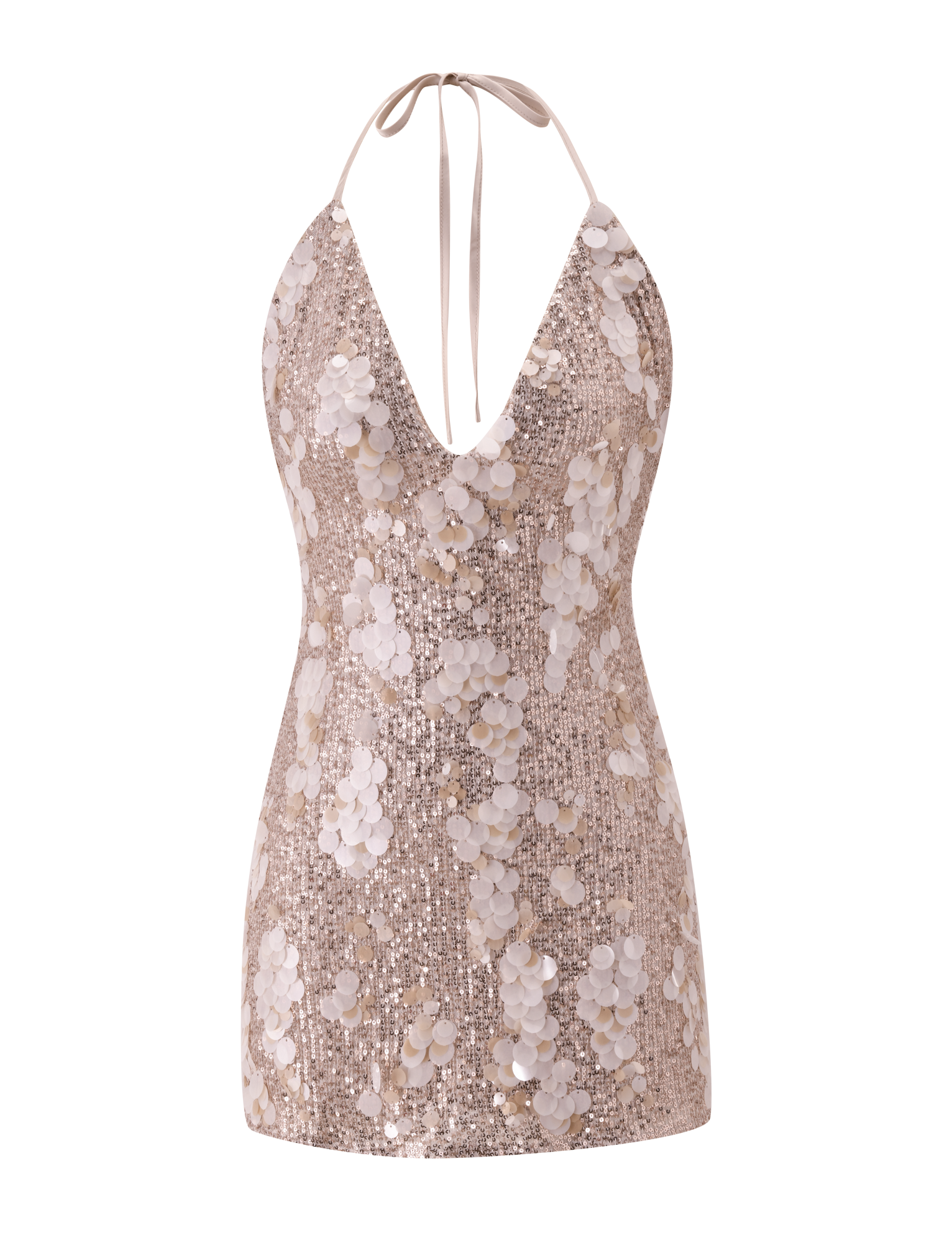 The ZANA MINI DRESS - GOLD by TIGERMIST is a gold sequin halter mini dress with a deep V-neck, tie detail, large iridescent floral appliqués, a fitted silhouette, and a nude metallic finish for standout style.