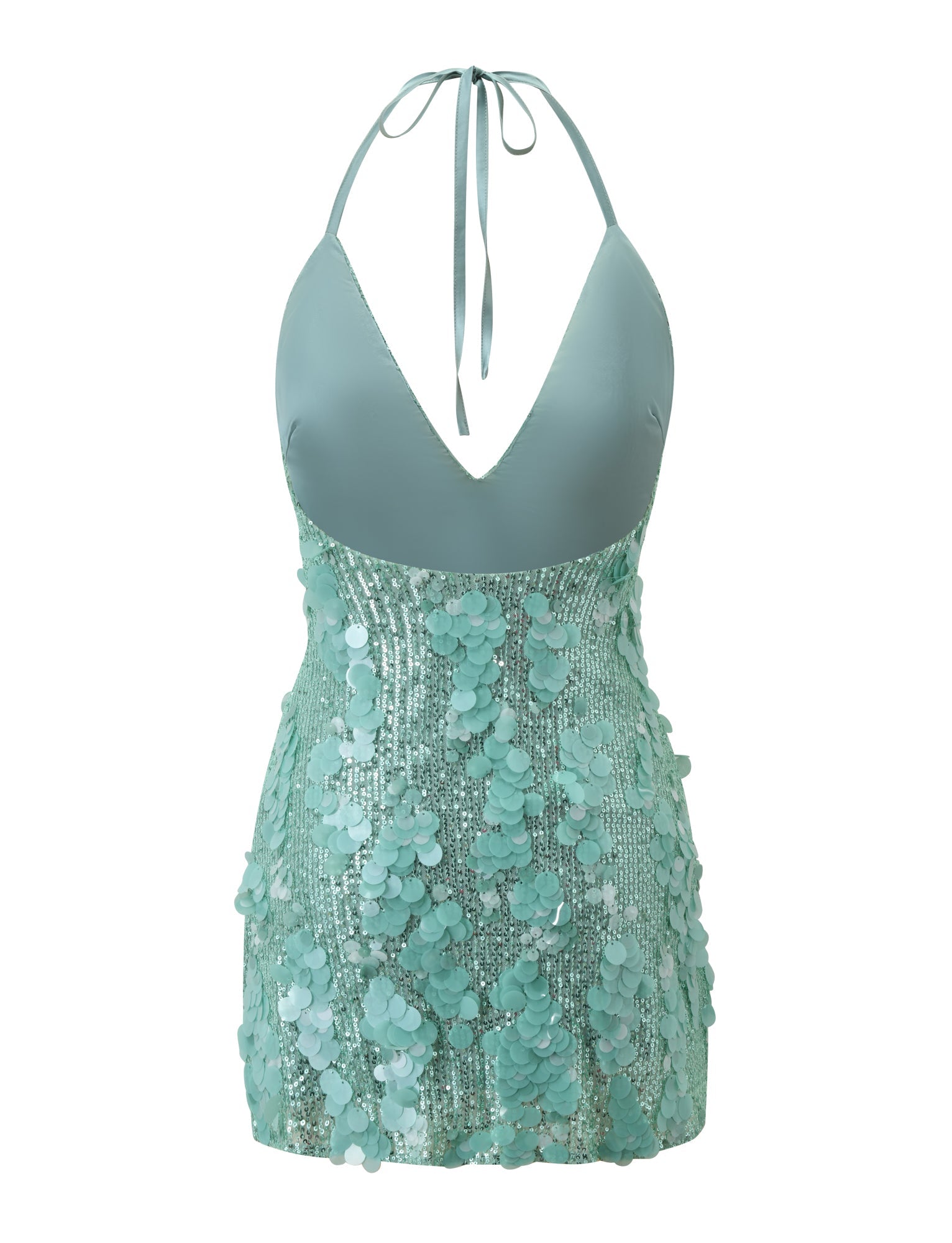 The ZANA MINI DRESS - MINT by TIGERMIST is a short, sleeveless sequin mini dress with a deep V-neck halter and back tie, featuring large shiny sequins all over the skirt.