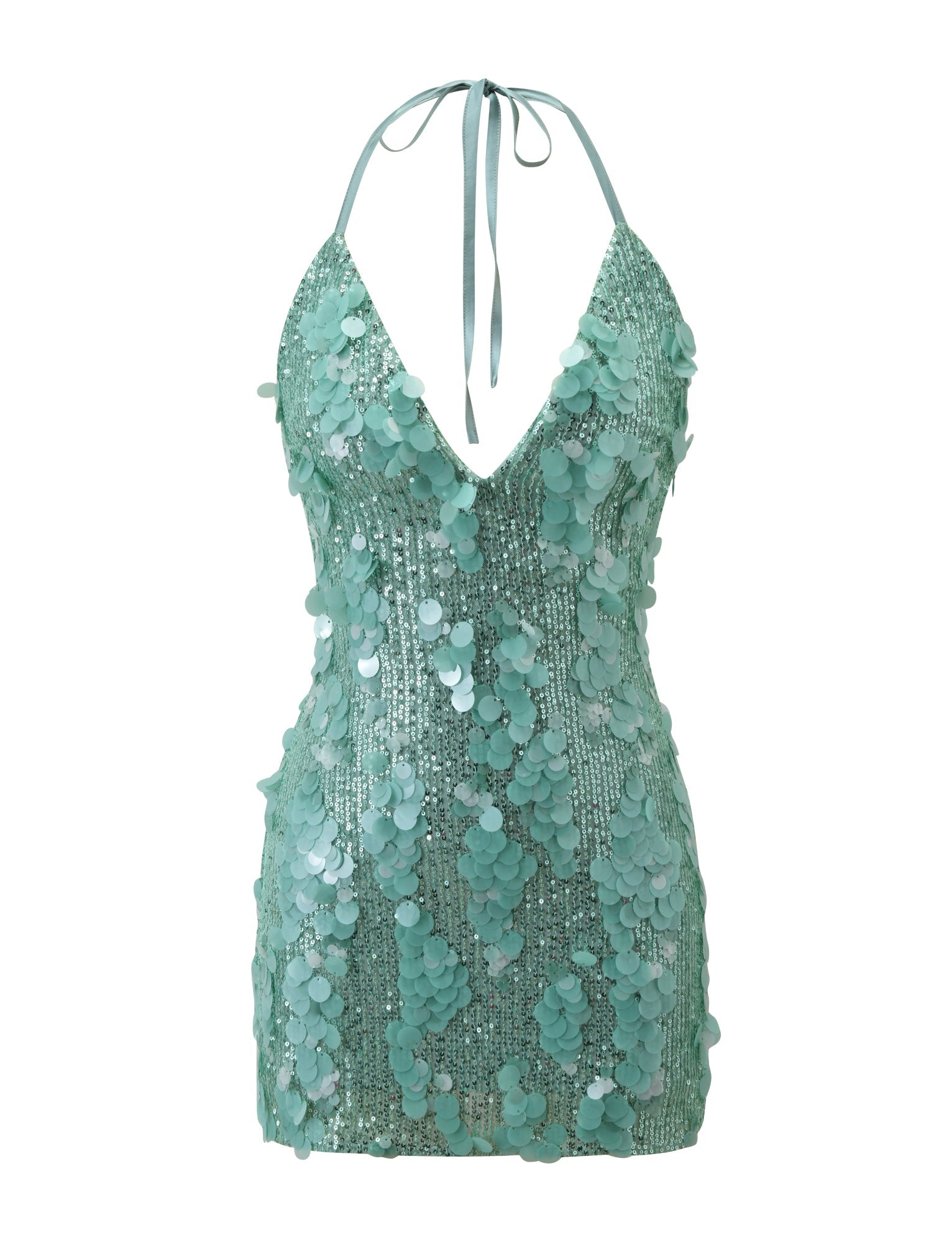 The TIGERMIST ZANA MINI DRESS in mint is a short, sleeveless sequin dress with a deep V-neckline, halter ties, and large circular sequins for a textured, shimmering finish.