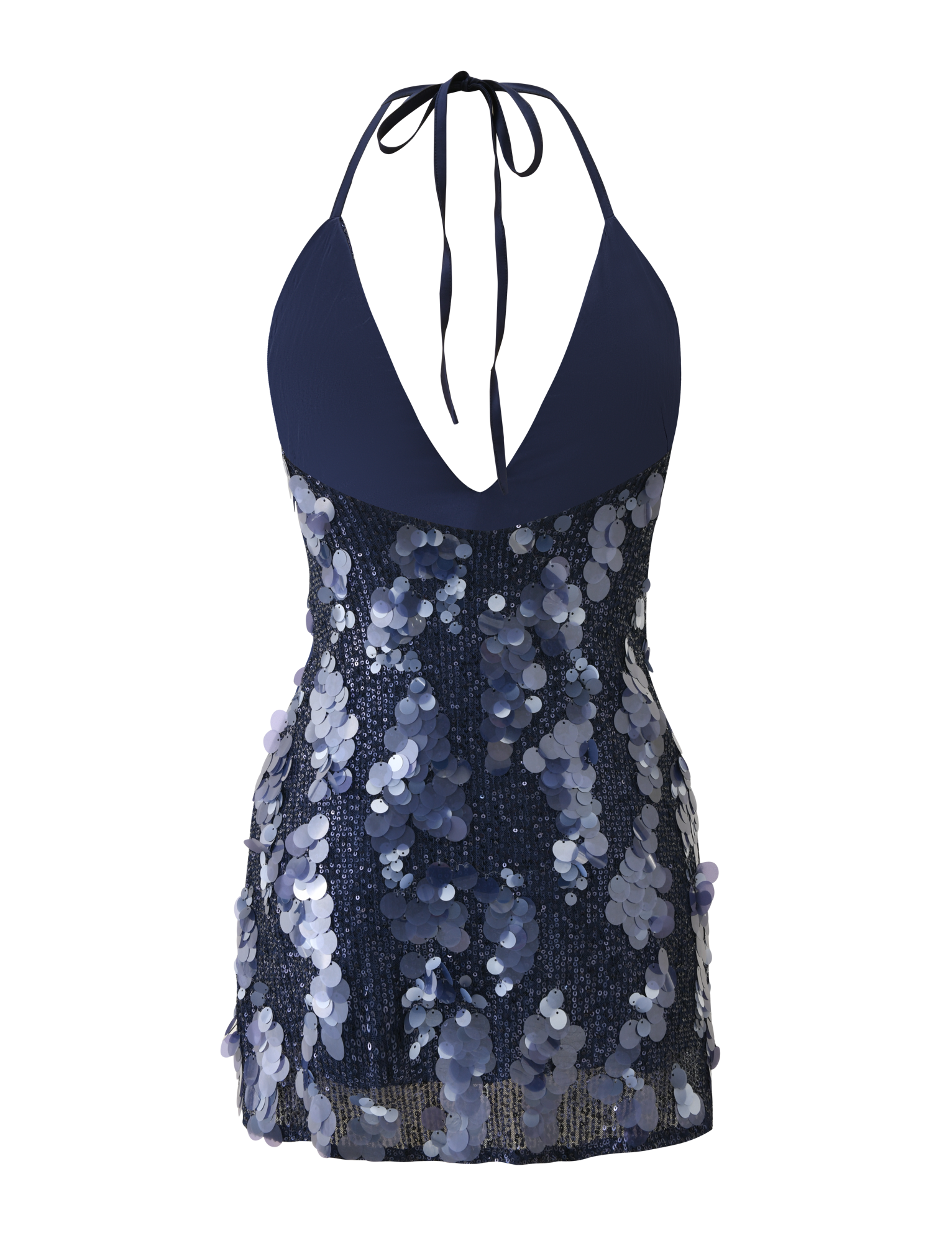The ZANA MINI DRESS - NAVY SEQUIN by TIGERMIST is a fitted halter-neck mini dress with oversized navy sequins in varied blue tones, finished with neck ties for a dazzling, textured, and eye-catching look.