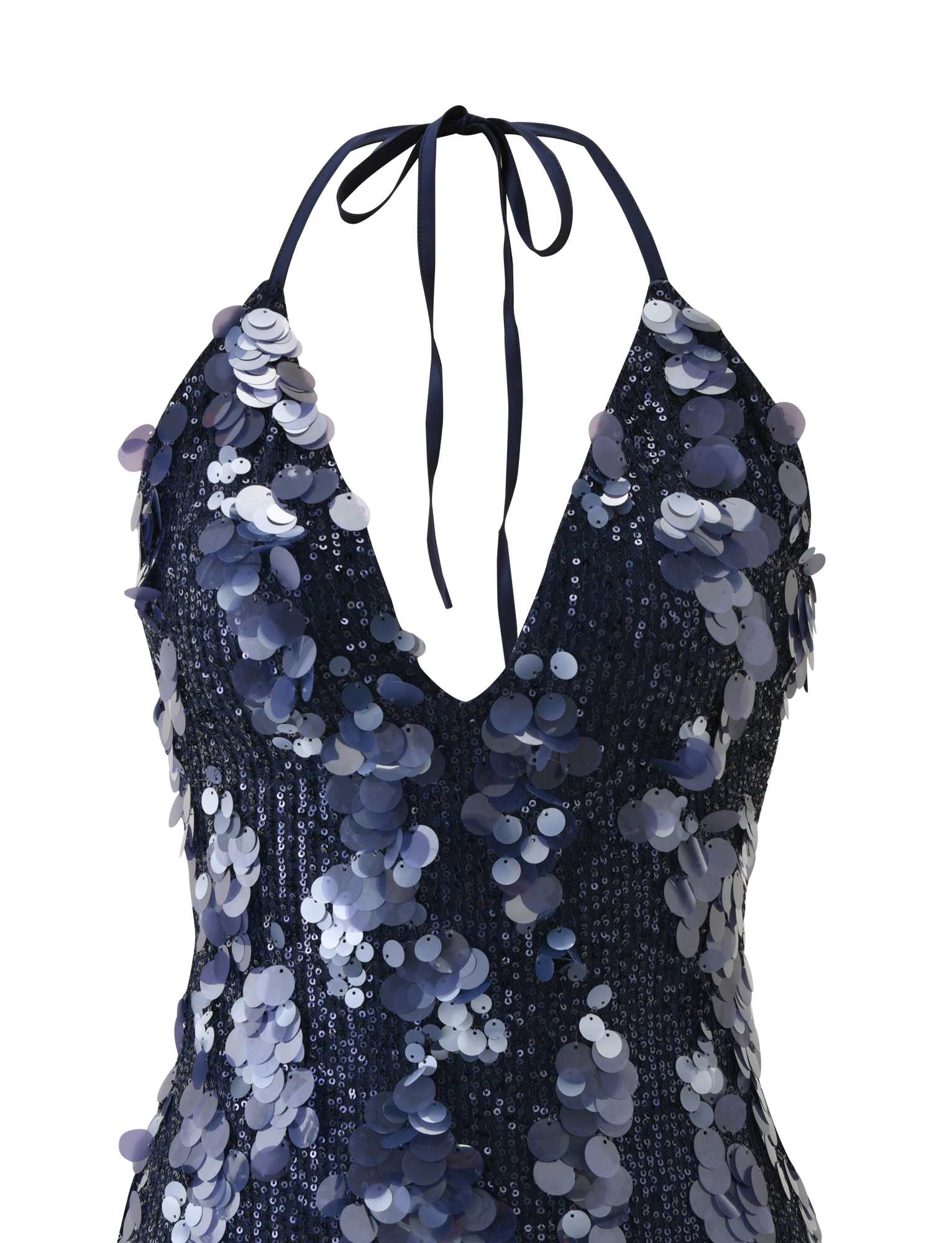 The TIGERMIST ZANA MINI DRESS - NAVY SEQUIN is a sleeveless, halter neck mini dress with large silver sequins on dark navy fabric, featuring a shimmering texture and a bold low V neckline.