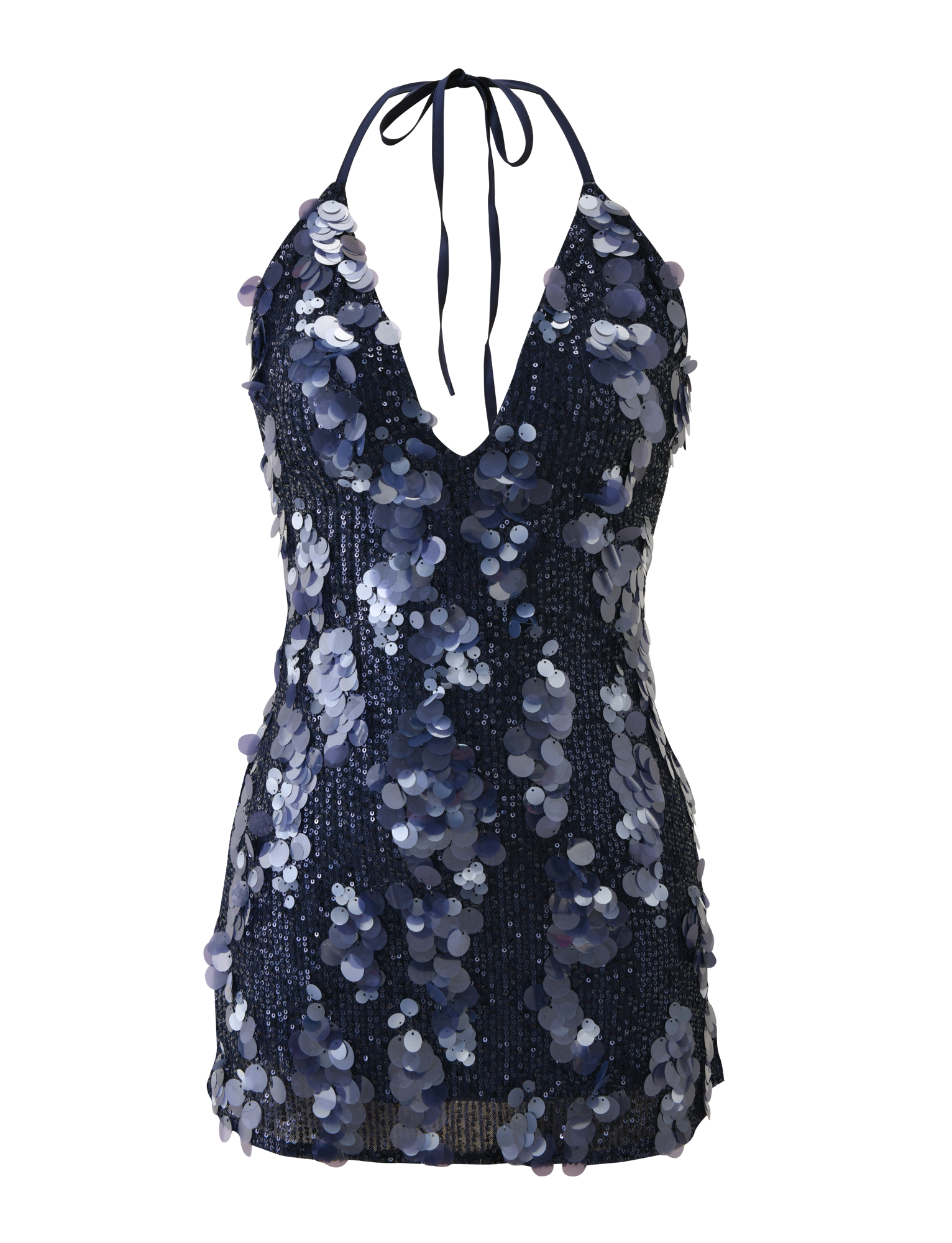 The ZANA MINI DRESS - NAVY SEQUIN by TIGERMIST is a sleeveless mini dress featuring large shimmering sequins, a plunging neckline, and a chic halter neck tie for an elegant look.