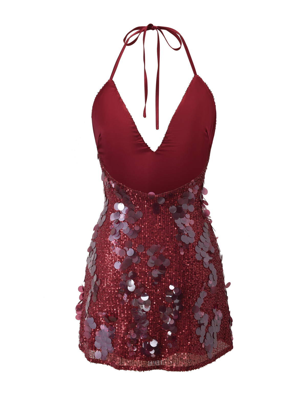 The ZANA MINI DRESS by TIGERMIST is a red halter neck mini dress featuring a low cut V neckline, sparkling sequins, and large decorative paillettes on the skirt for a glamorous, festive look.