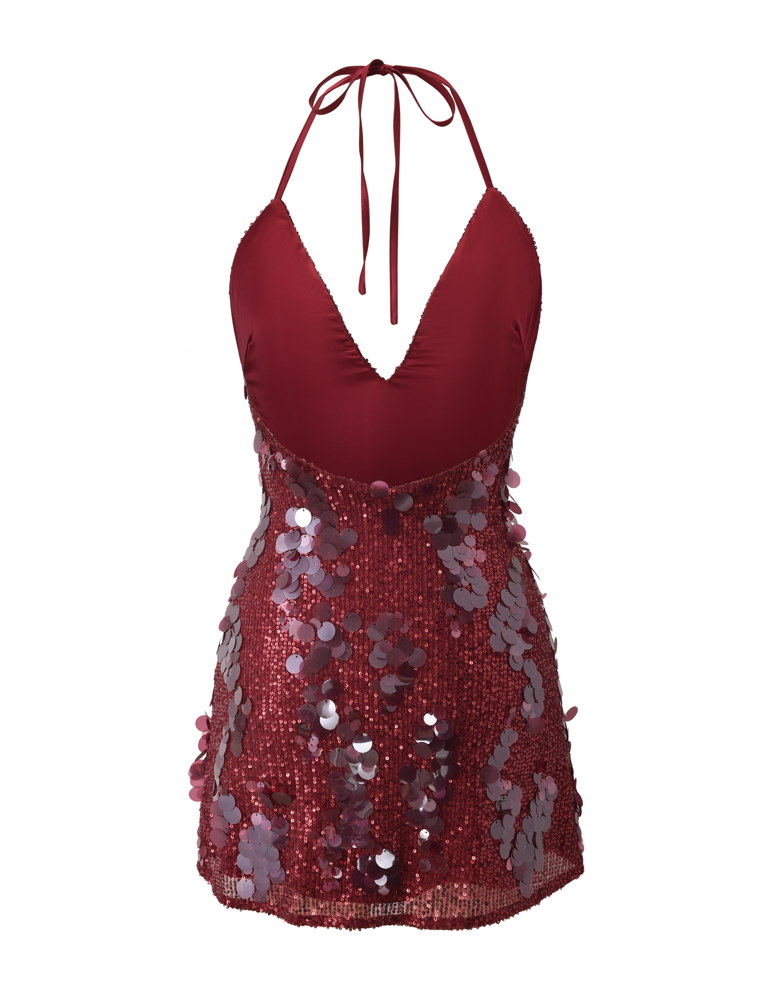 The ZANA MINI DRESS by TIGERMIST is a red halter neck mini dress featuring a low cut V neckline, sparkling sequins, and large decorative paillettes on the skirt for a glamorous, festive look.