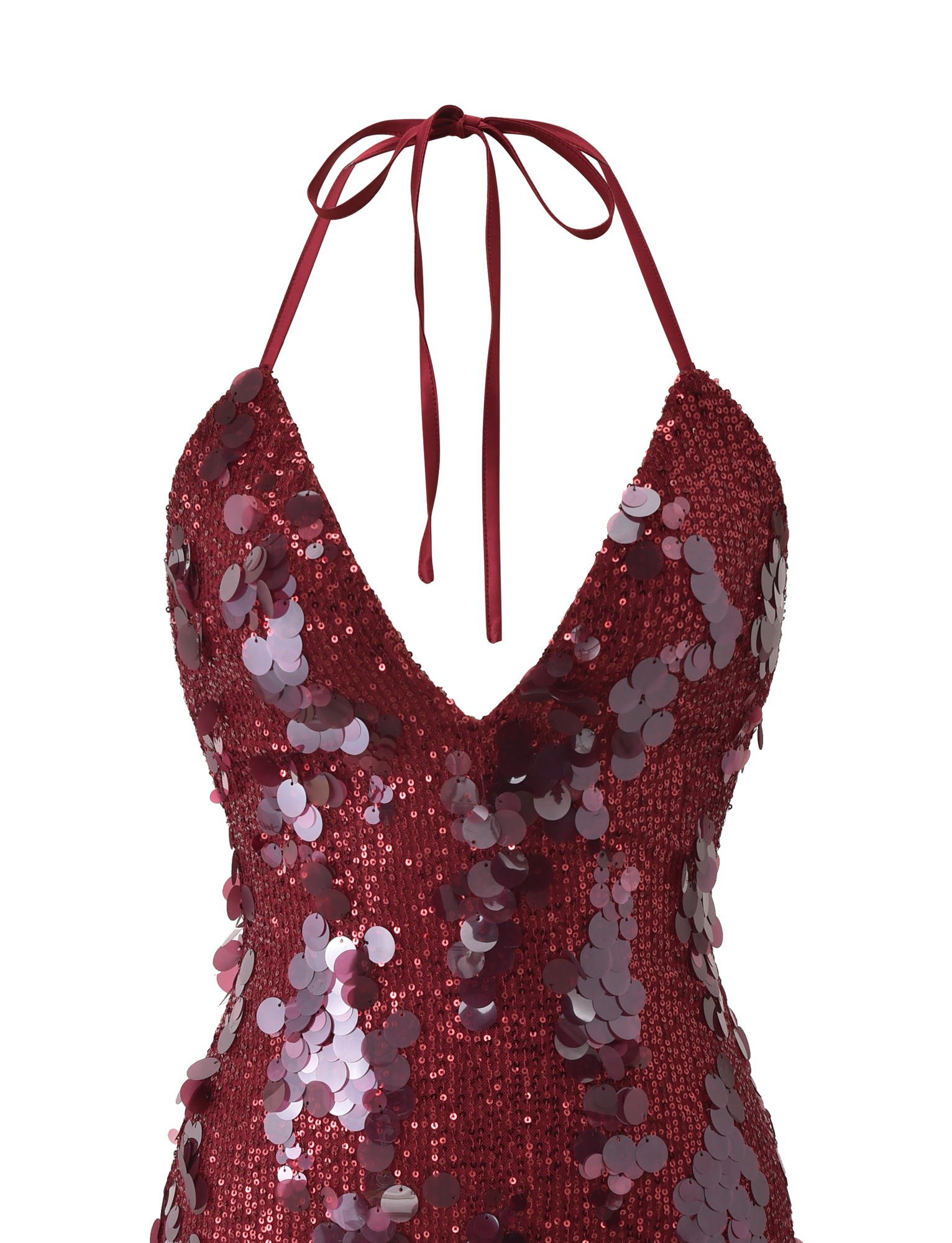 A close-up of the TIGERMIST ZANA MINI DRESS - RED, showcasing its plunging V neckline, thin tie straps, and large reflective sequins for a shimmering look.