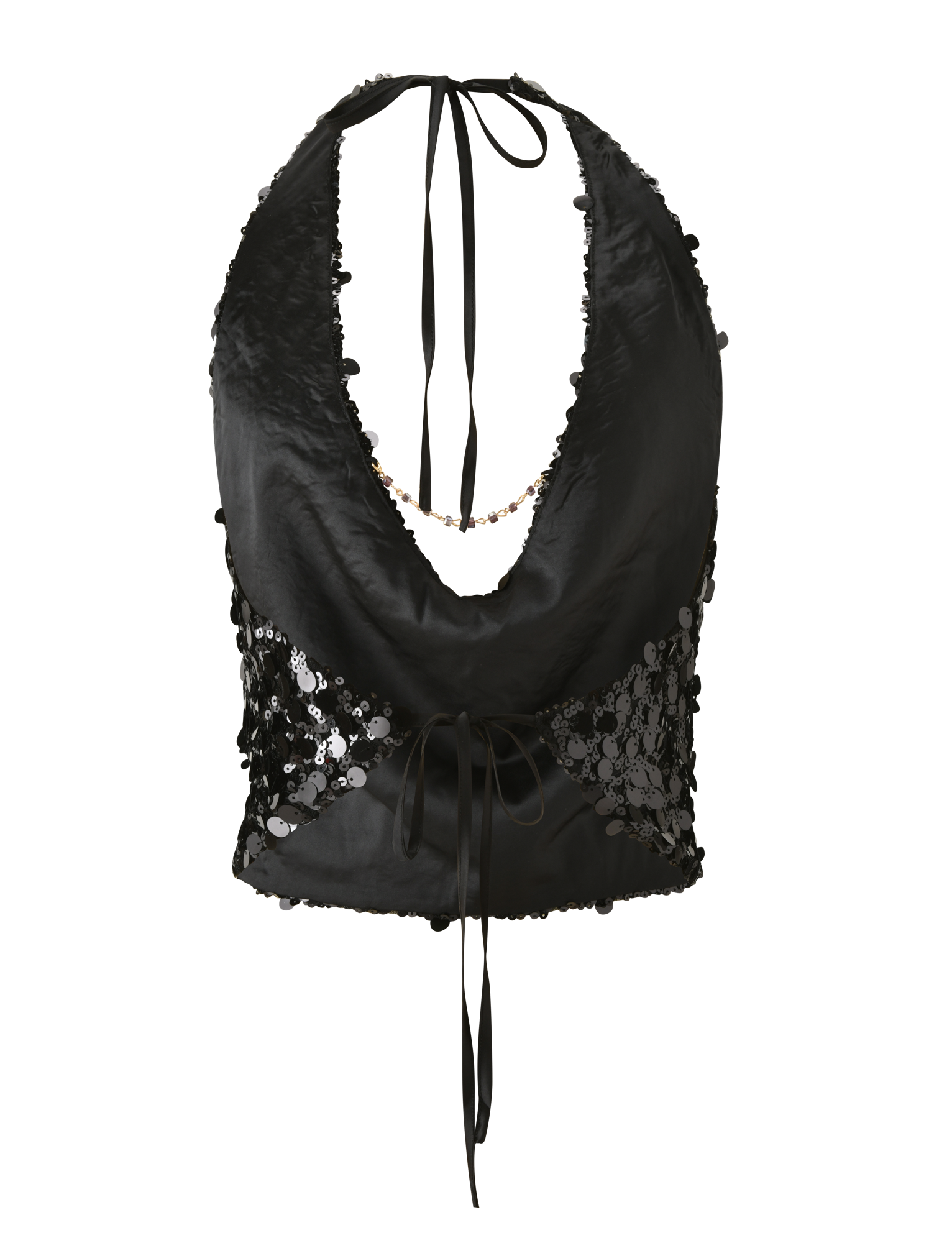 The TIGERMIST ZANA TOP - BLACK SEQUIN is a black halter crop with a deep neckline, shiny satin front, floral lace side panels, and features front tie detail plus ribbon ties at the neck and waist.