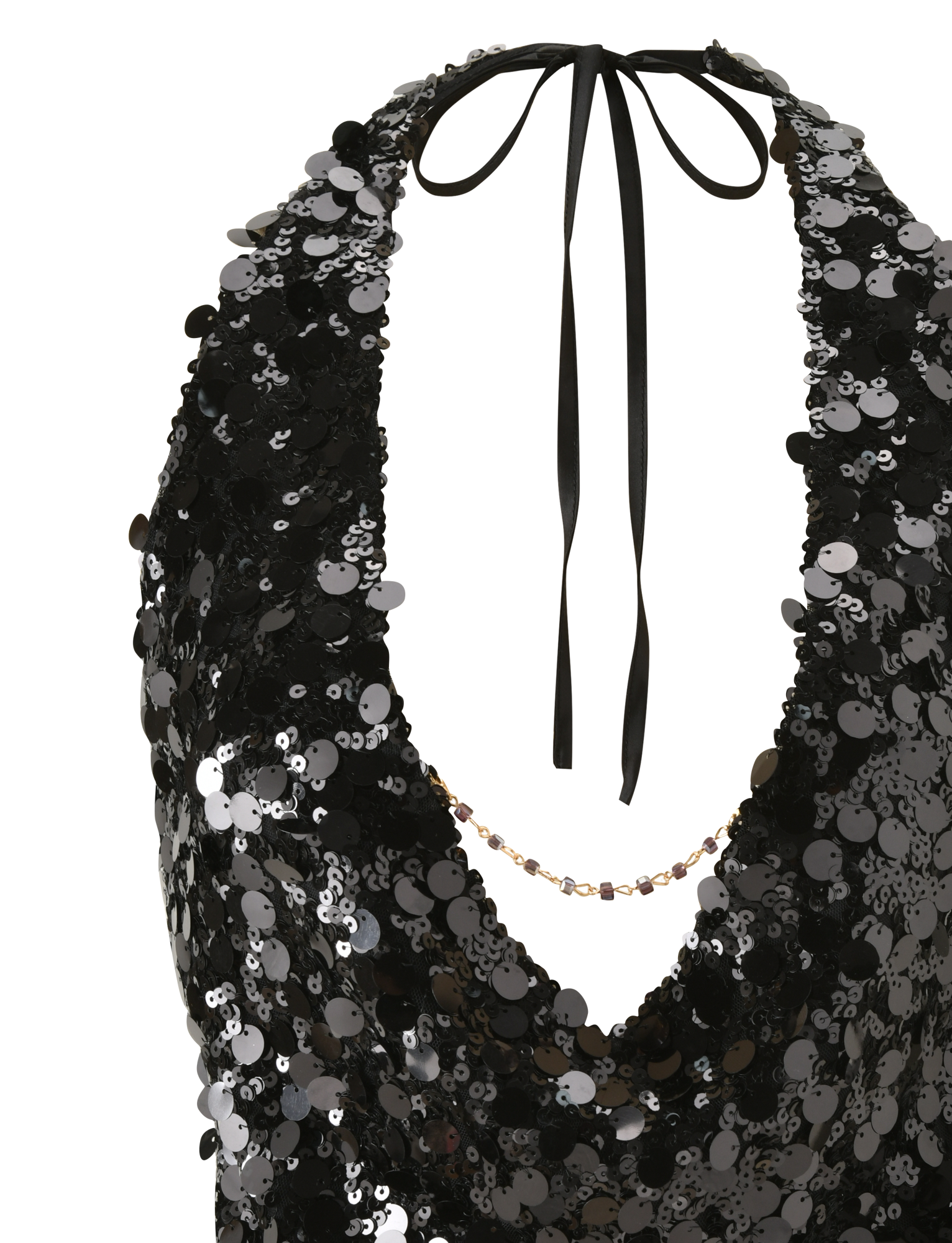 A close-up of the TIGERMIST ZANA TOP - BLACK SEQUIN, a halter neck top adorned with shiny black and silver sequins, featuring a deep neckline and tie back.