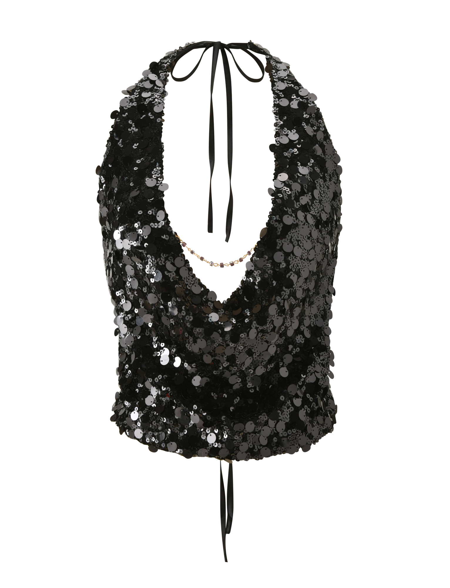 The ZANA TOP - BLACK SEQUIN by TIGERMIST is a black sequin halter top with a deep cowl neckline and an open back, featuring adjustable tie closures at the neck and waist.