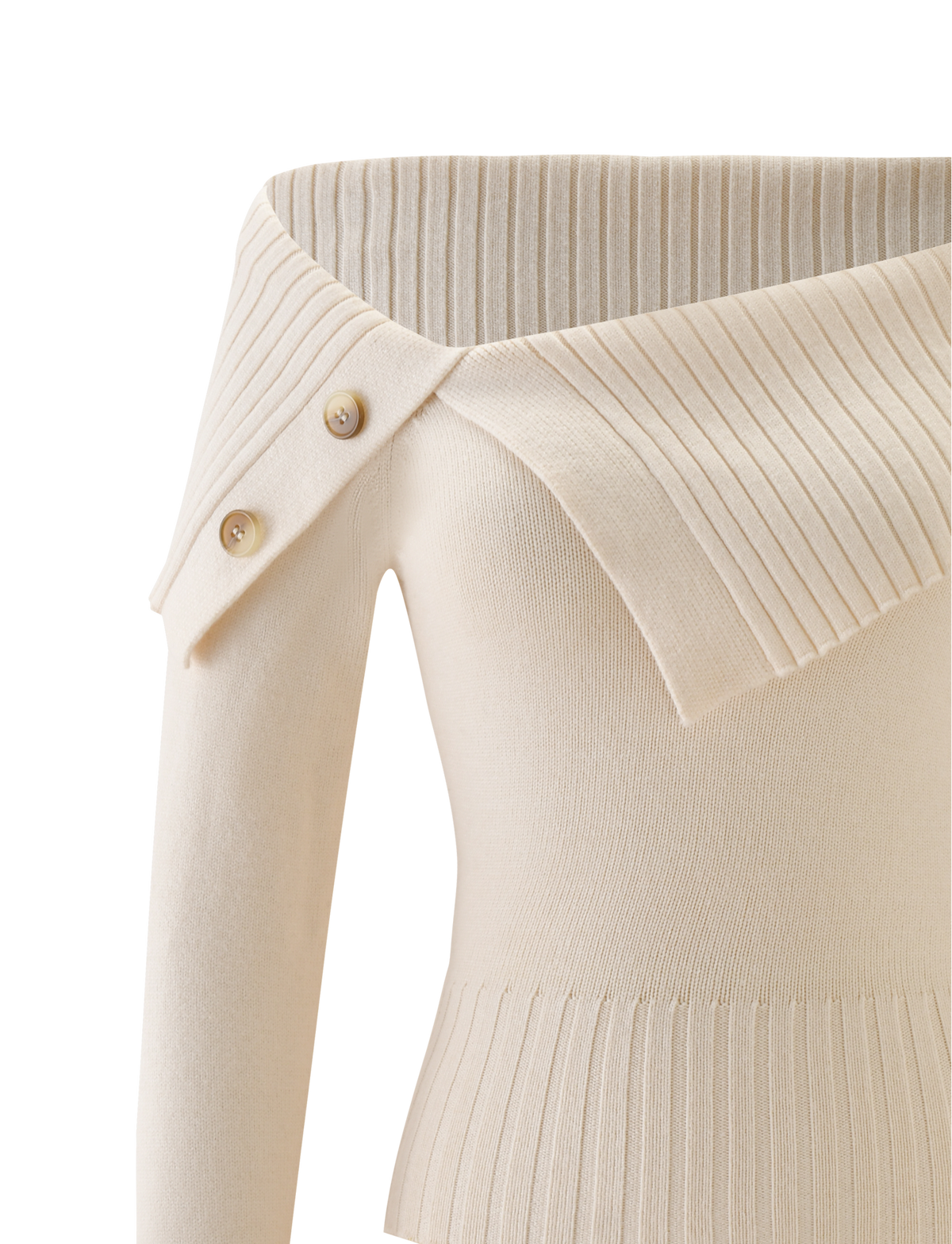 The TIGERMIST KIERA JUMPER in cream features an off-shoulder design, long sleeves, ribbed detailing, and two decorative buttons on the wide collar.