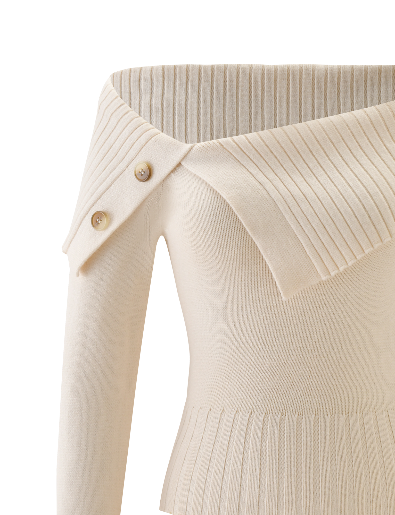 The TIGERMIST KIERA JUMPER in cream features an off-shoulder design, long sleeves, ribbed detailing, and two decorative buttons on the wide collar.
