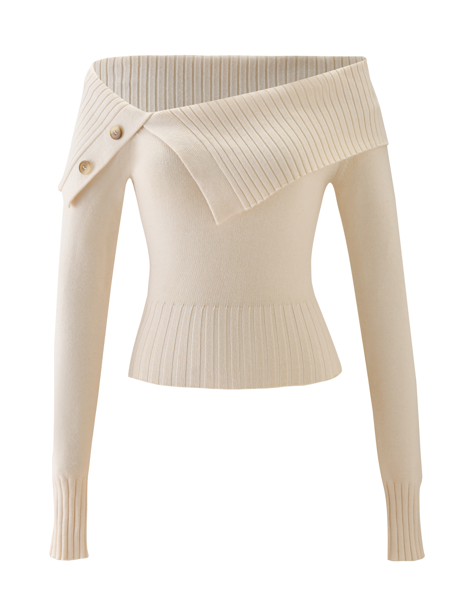 The KIERA JUMPER by TIGERMIST is a cream off-shoulder knit sweater with long sleeves, ribbed waist and cuffs, an asymmetrical neckline, and decorative side buttons.