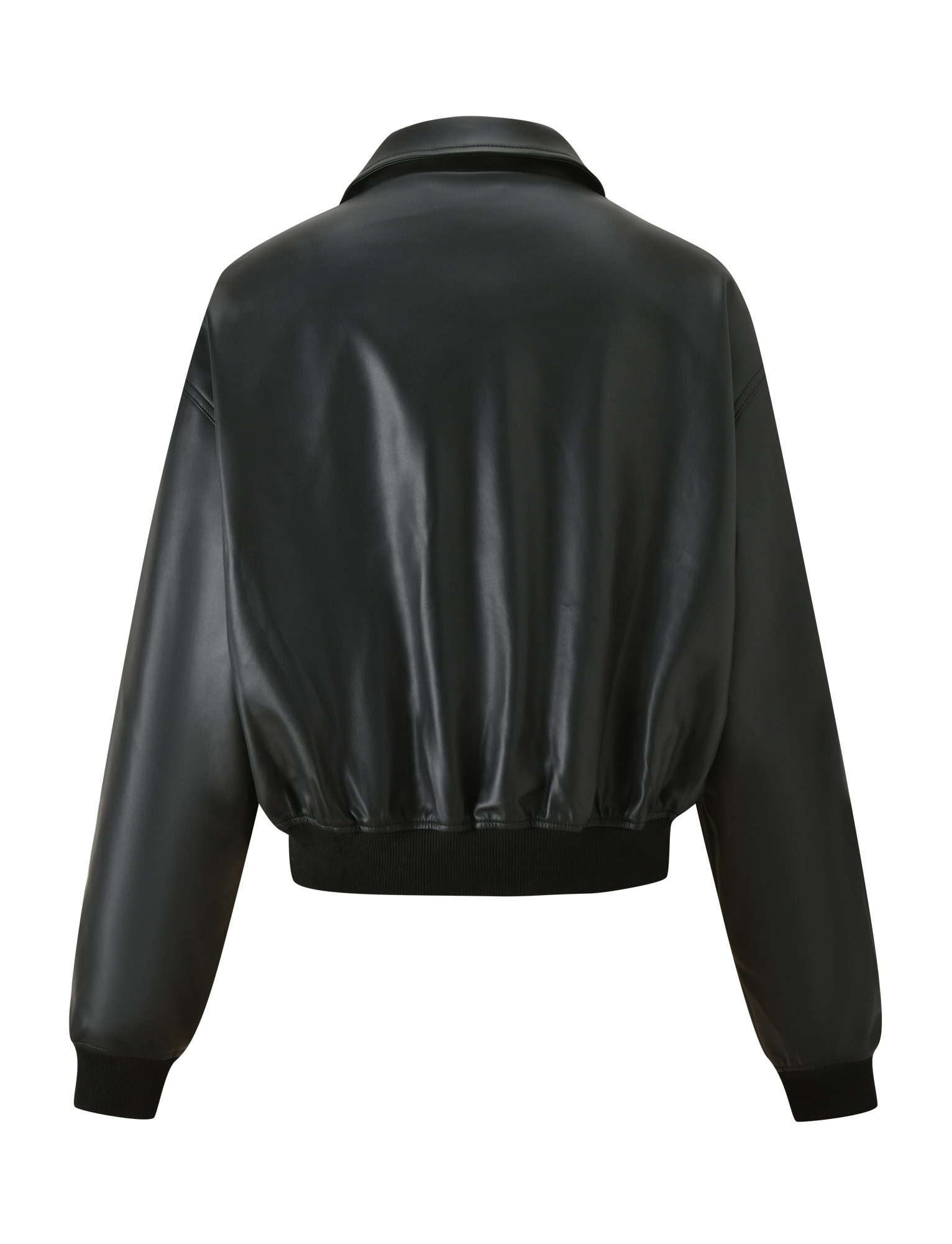 The BEREN JACKET - BLACK by TIGERMIST is a black faux leather bomber with a collared neck, ribbed waistband and cuffs, and a smooth, plain back view.