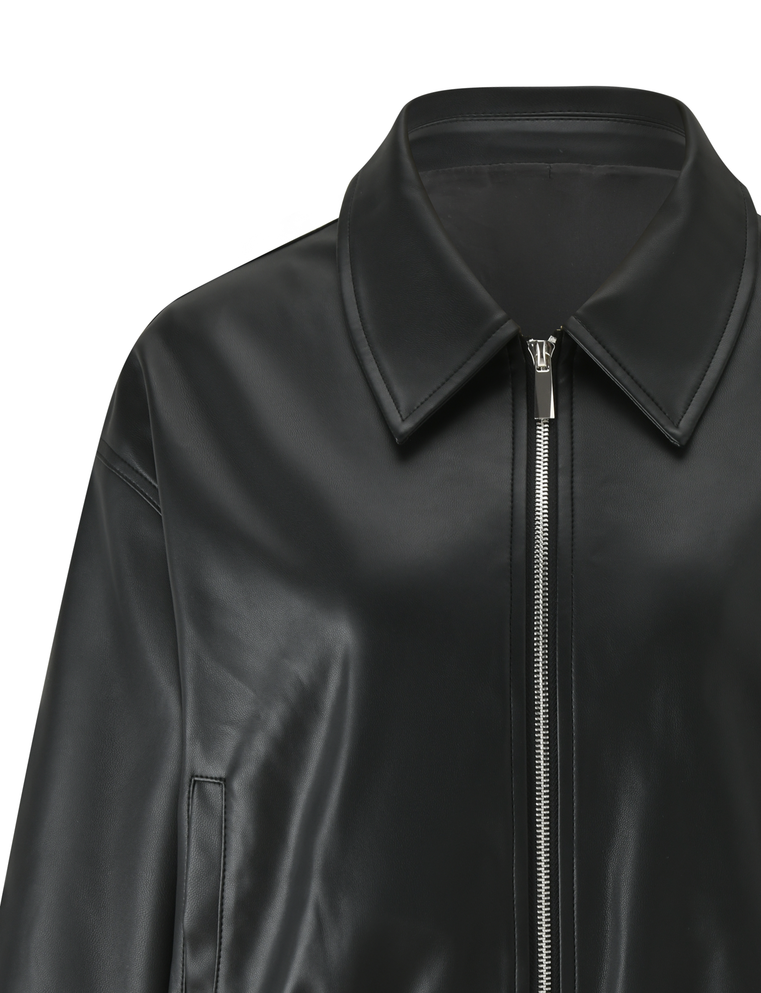 Close-up of the TIGERMIST BEREN JACKET - BLACK, a faux leather bomber with a collared neck, smooth finish, silver front zipper, and visible seam details at the shoulder and pocket.