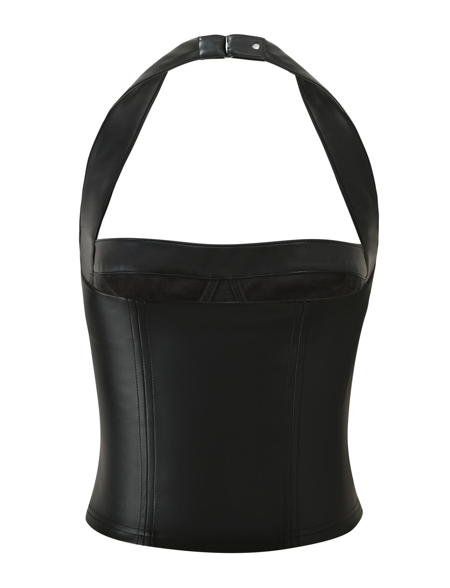 The TIGERMIST EMERALD TOP - BLACK is a stretch PU faux leather halter top featuring wide straps, structured seams, and a smooth, fitted silhouette, displayed against a white background.