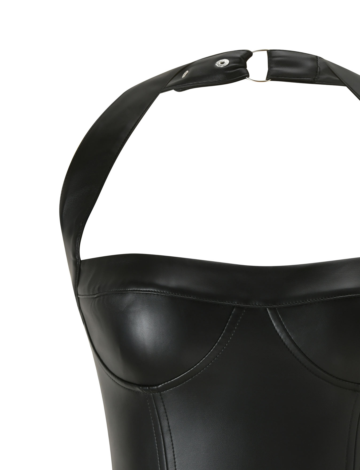 Close-up of the EMERALD TOP - BLACK by TIGERMIST, a black faux leather corset bustier featuring structured cups and a wide halter neck strap with a metallic snap button.