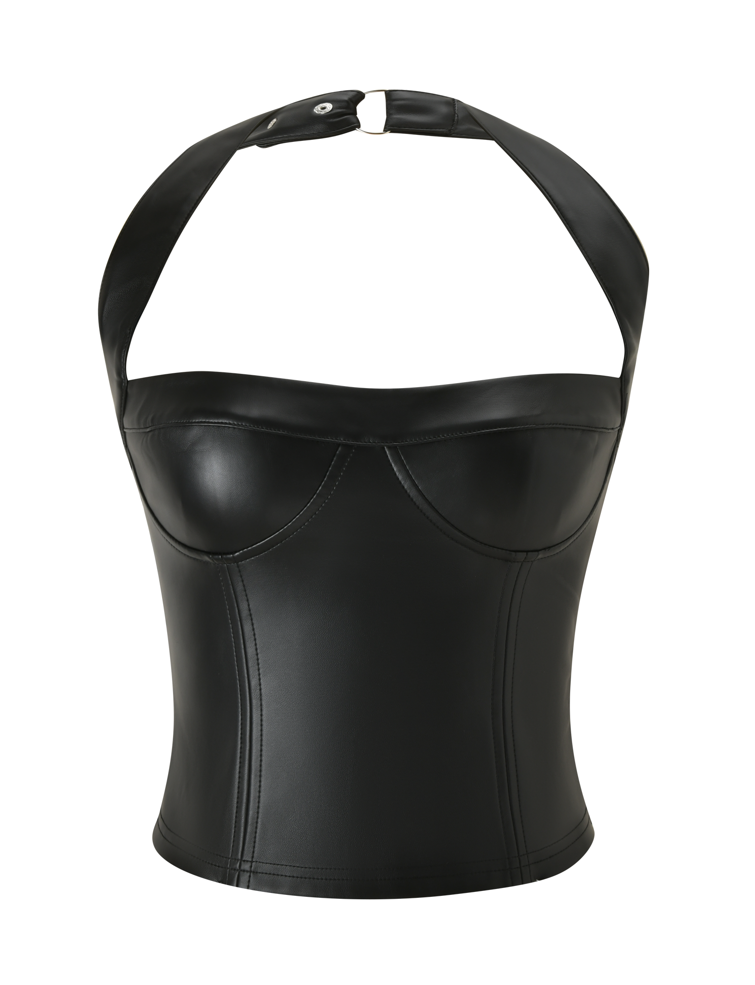 The EMERALD TOP - BLACK by TIGERMIST is a black stretch PU halter with visible seams, structured cups, and a neck snap closure. This faux leather corset is shown against a plain white background.