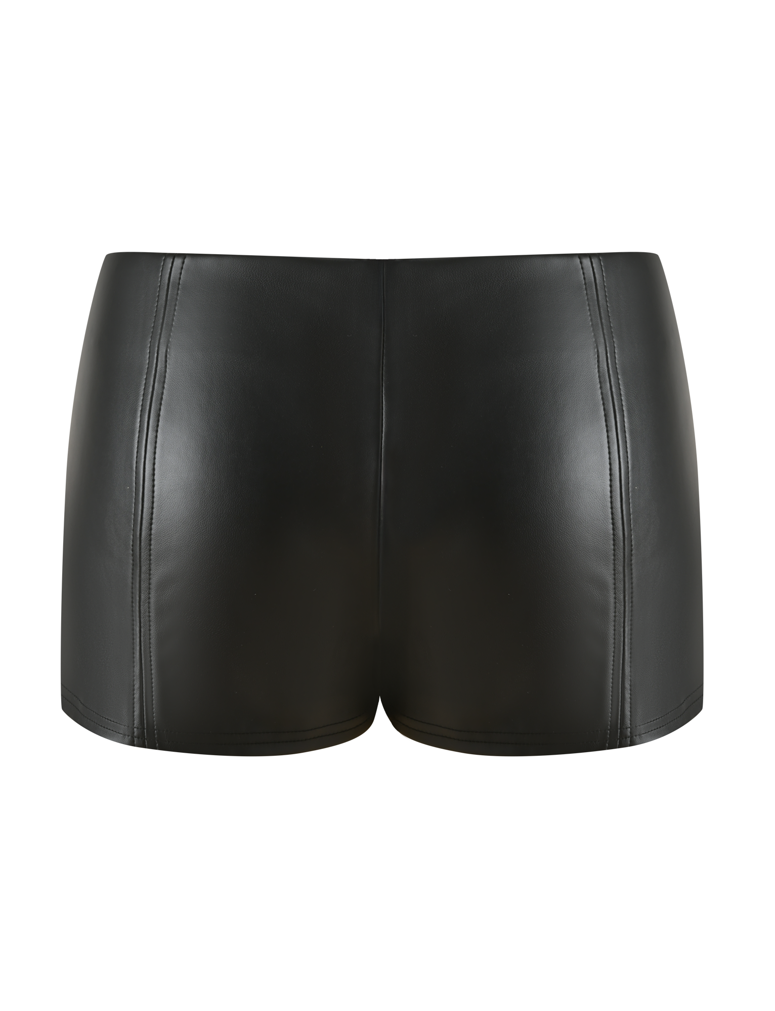 The EMERALD SHORT - BLACK by TIGERMIST features black faux leather, vertical seam details, a high-waist fit, and stretch PU for comfort—shown on a plain white background for a modern look.