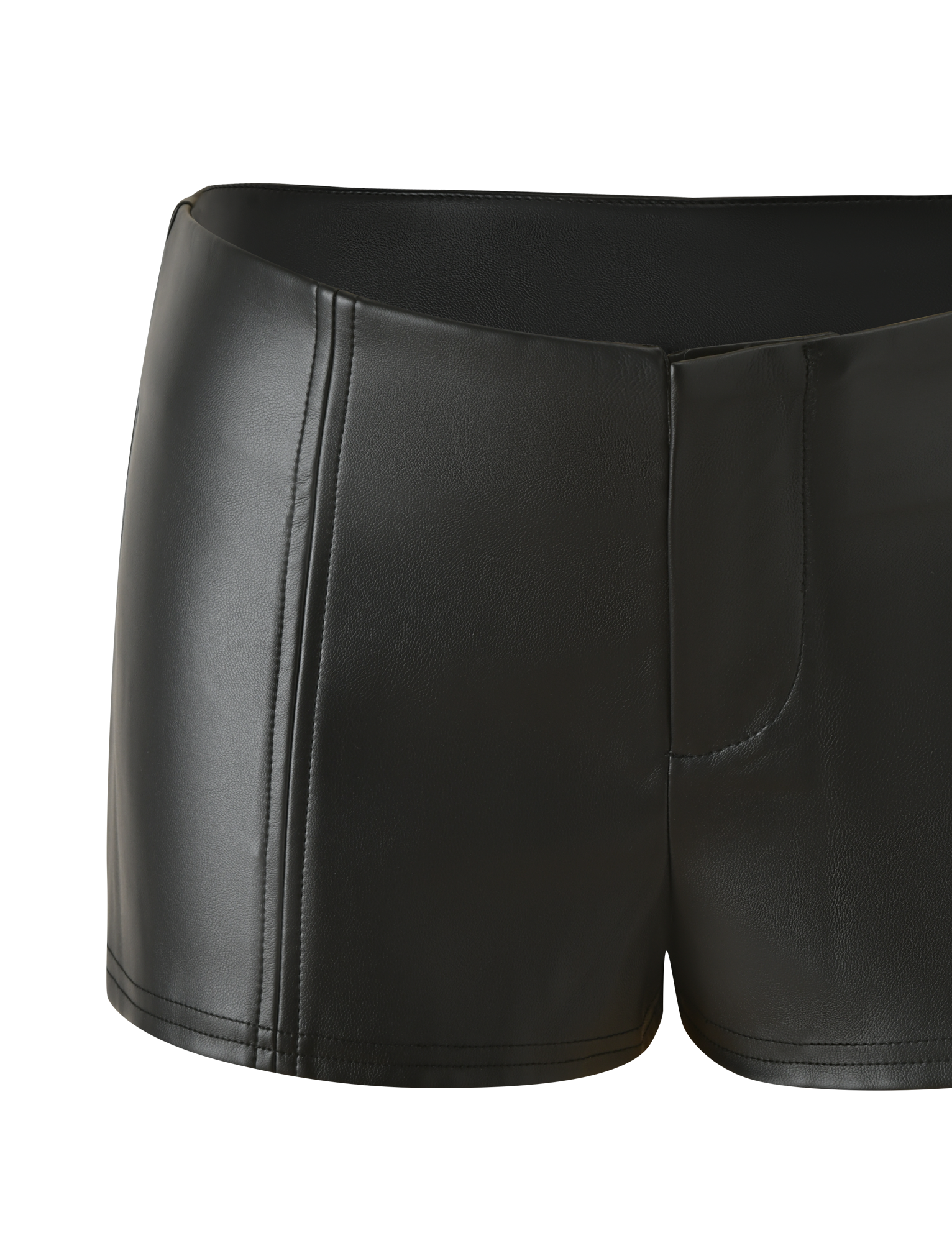 The TIGERMIST EMERALD SHORT - BLACK features high-waisted black faux leather mini shorts with a smooth, shiny stretch PU finish, designed for comfort and style, shown against a plain white background.