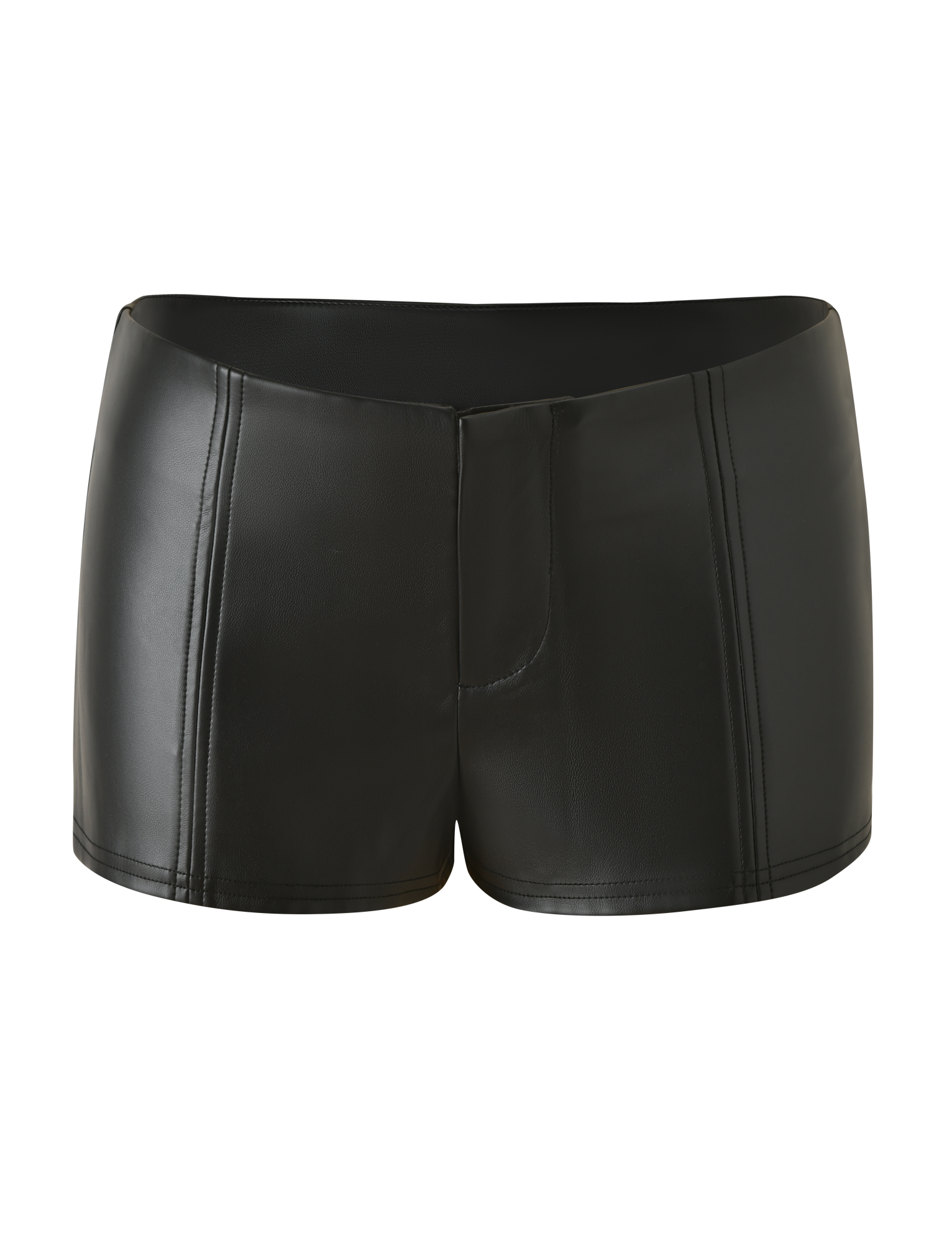 The EMERALD SHORT - BLACK by TIGERMIST features black stretch PU mini shorts with vertical front seam details and a mid-rise fit, shown against a plain white background.