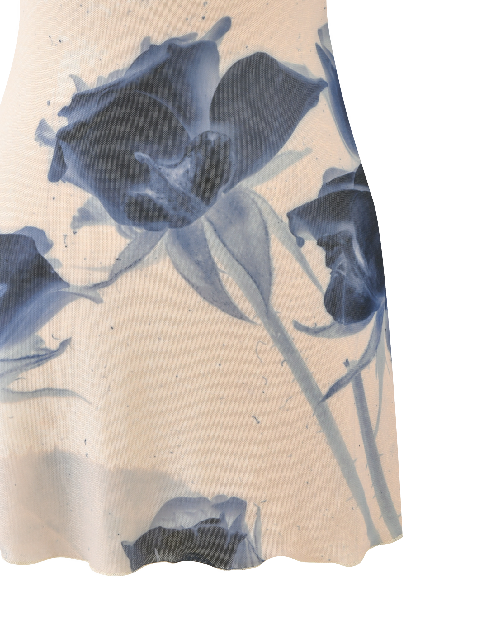 The ROSY MINI DRESS - INDIGO FLORAL by TIGERMIST is a light beige mini dress with adjustable cami straps, showcasing large artistic blue rose prints with stems and leaves that pop against the plain background.