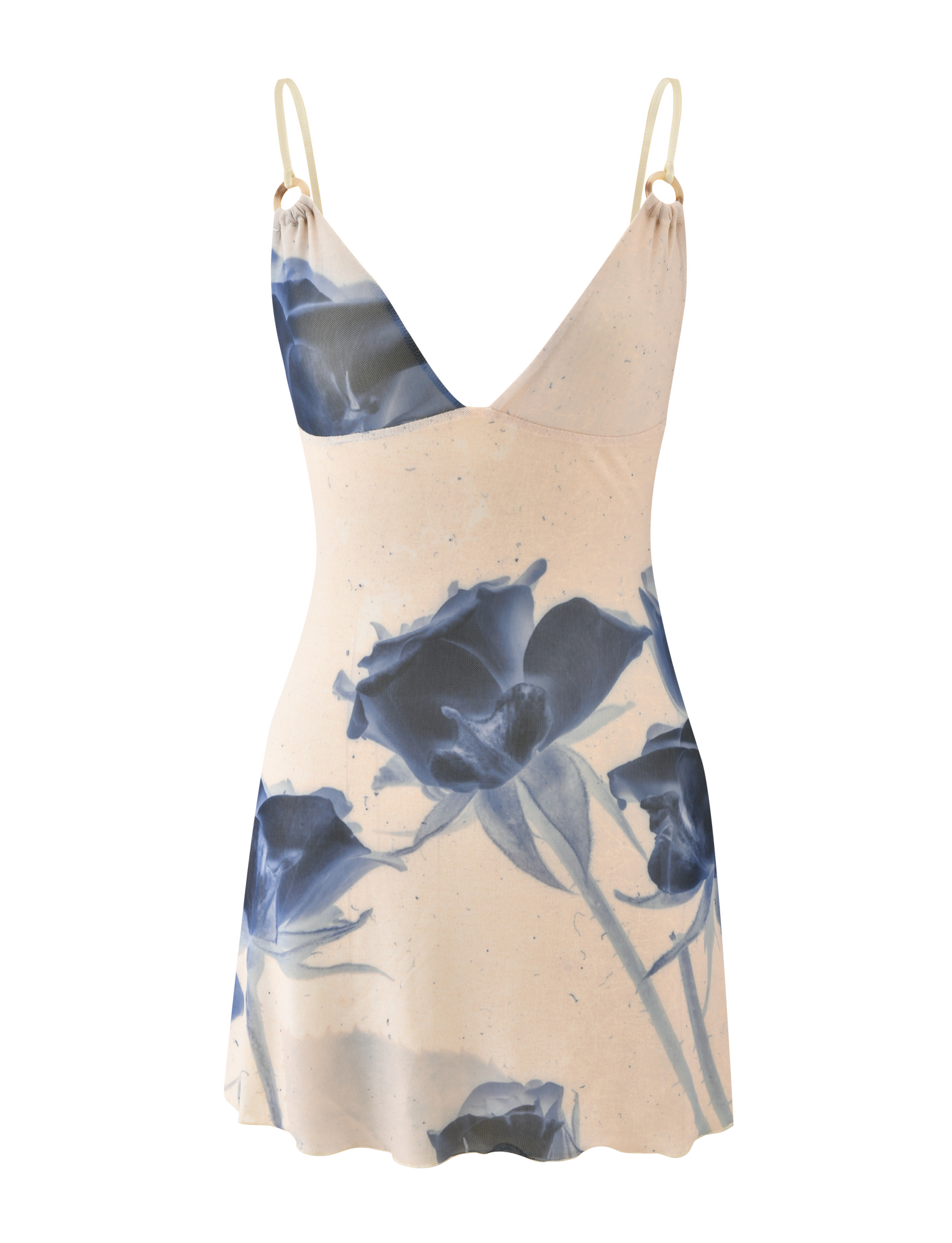 The TIGERMIST ROSY MINI DRESS - INDIGO FLORAL is a sleeveless cream mini dress with adjustable cami straps, a wrap-style neckline, and a bold blue rose print on the front.