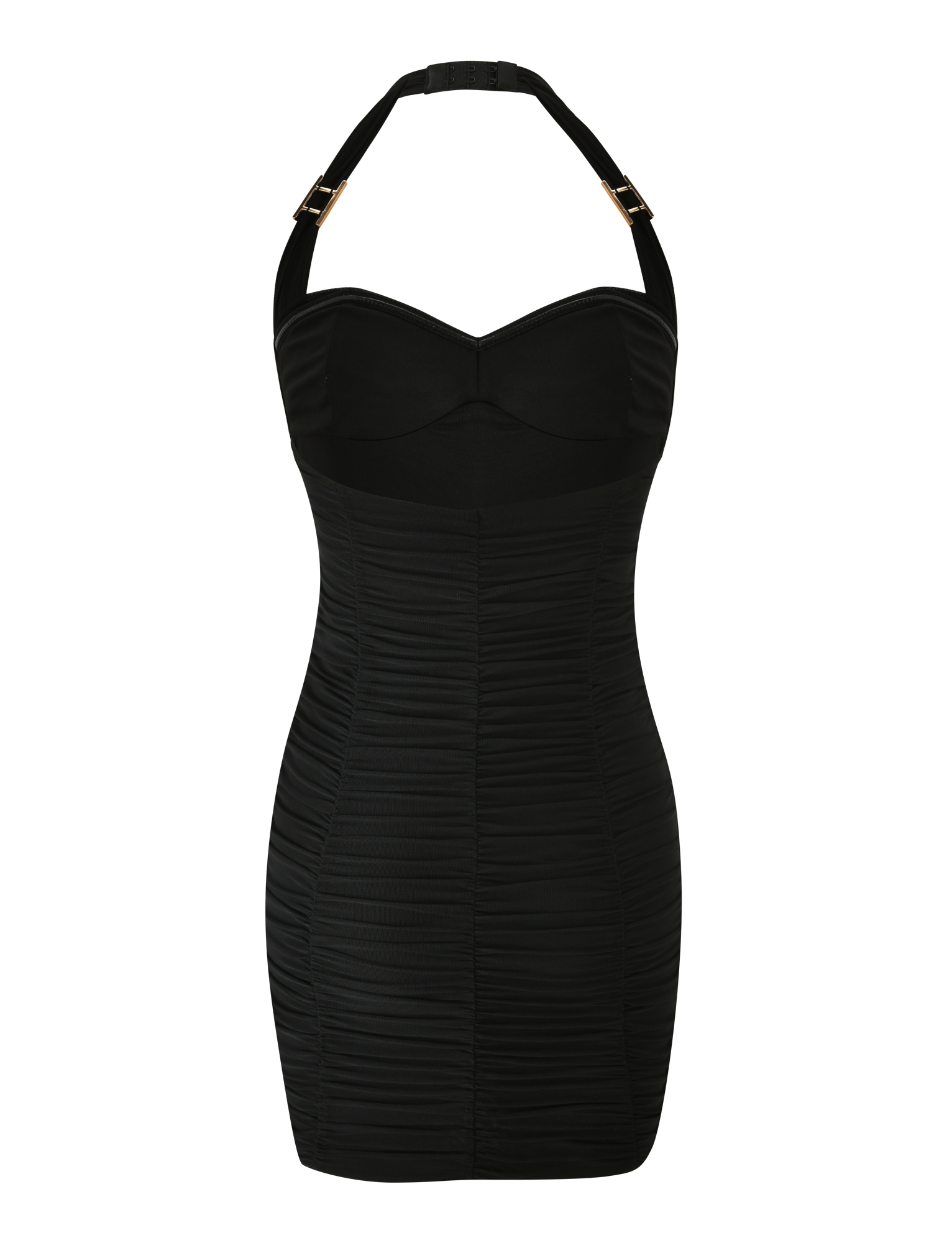 The BRIALLEN MINI DRESS by TIGERMIST is a black fitted mini dress with an adjustable halter neck, gold buckle strap details, and all-over ruched fabric, shown against a white background.