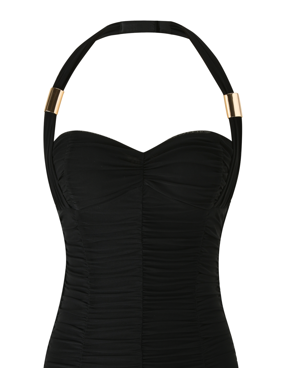 The BRIALLEN MINI DRESS - BLACK by TIGERMIST is a strapless black mini dress with ruching, a sweetheart neckline, an adjustable halter neck, and gold metallic accents.