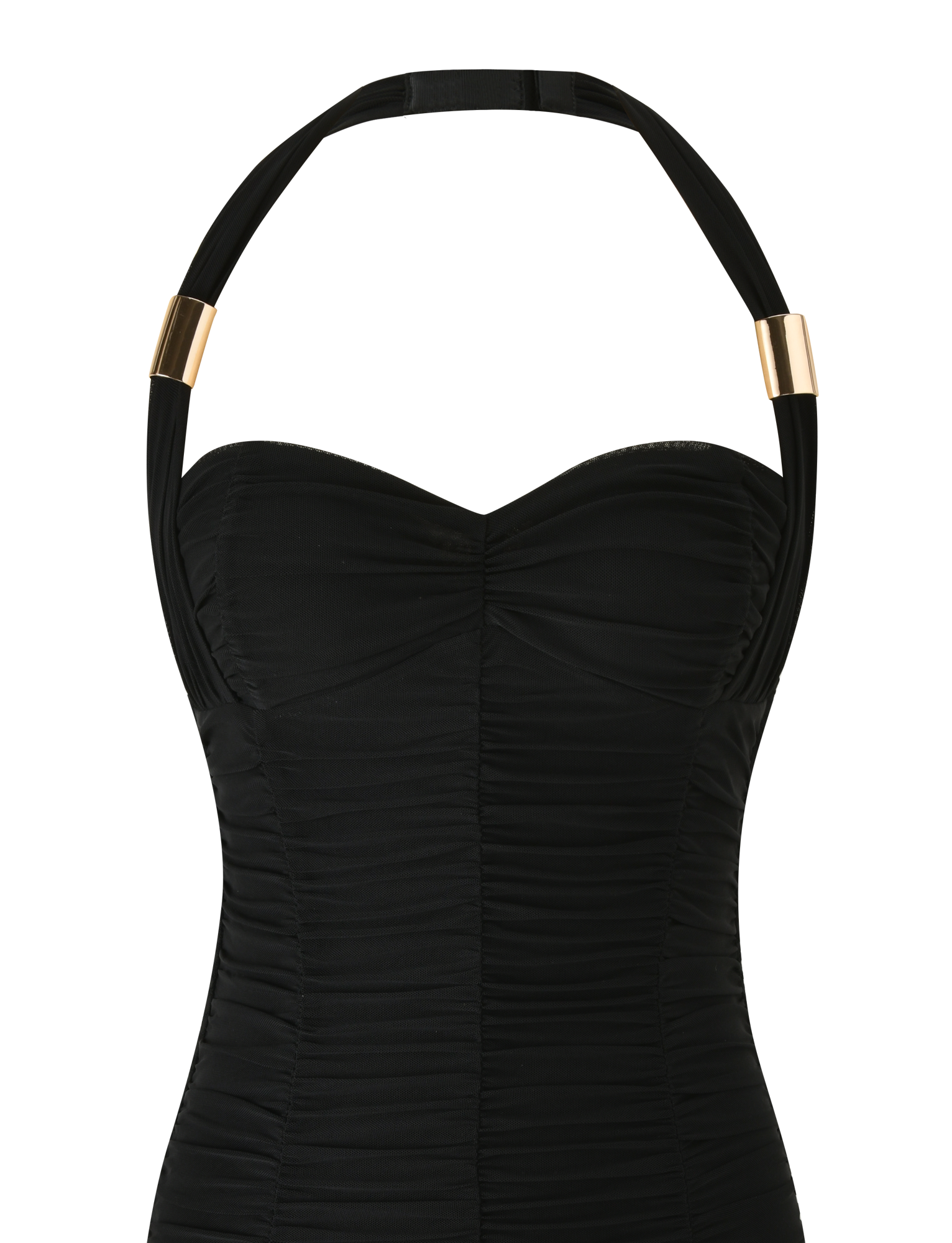 The BRIALLEN MINI DRESS - BLACK by TIGERMIST is a strapless black mini dress with ruching, a sweetheart neckline, an adjustable halter neck, and gold metallic accents.
